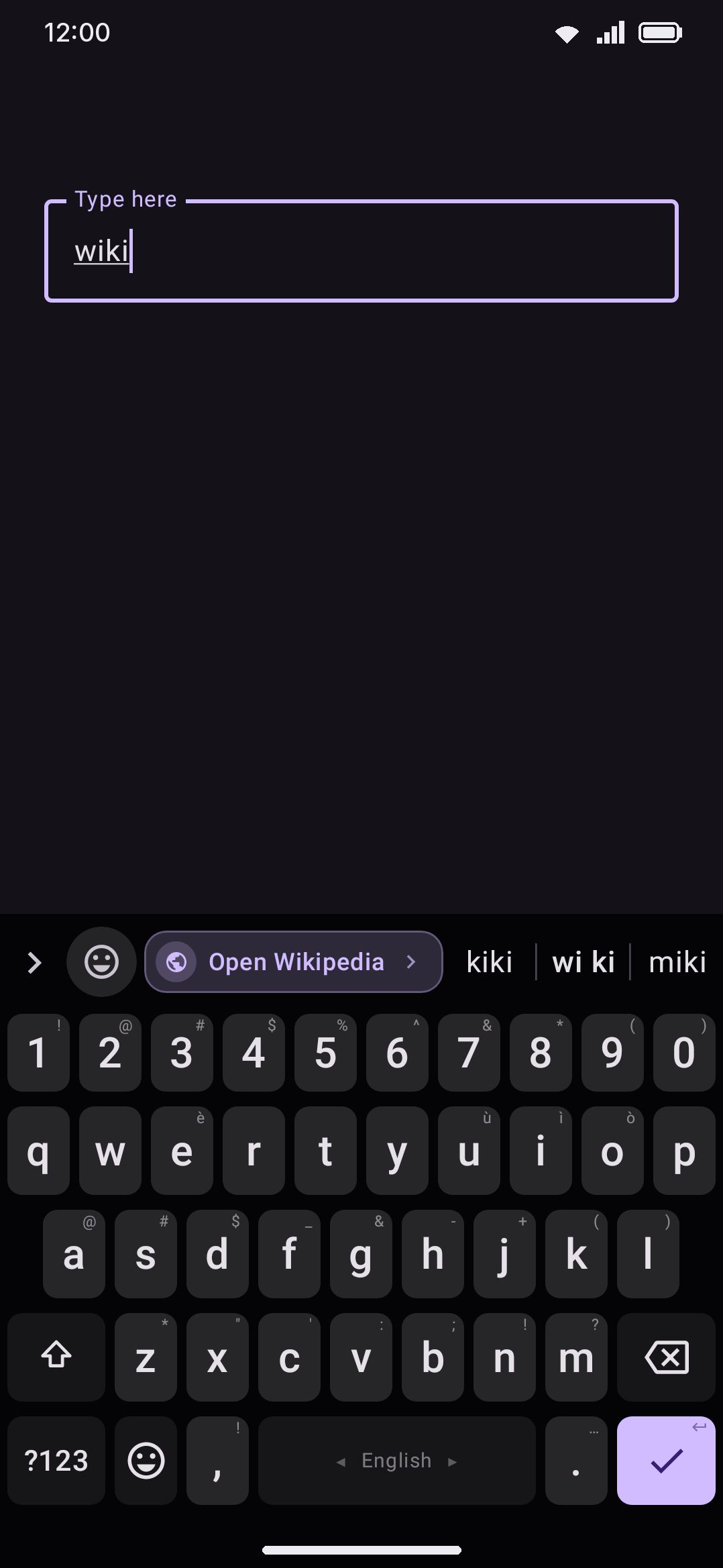 Typing wiki offers a narrow chip to open Wikipedia, leaving room for word candidates.