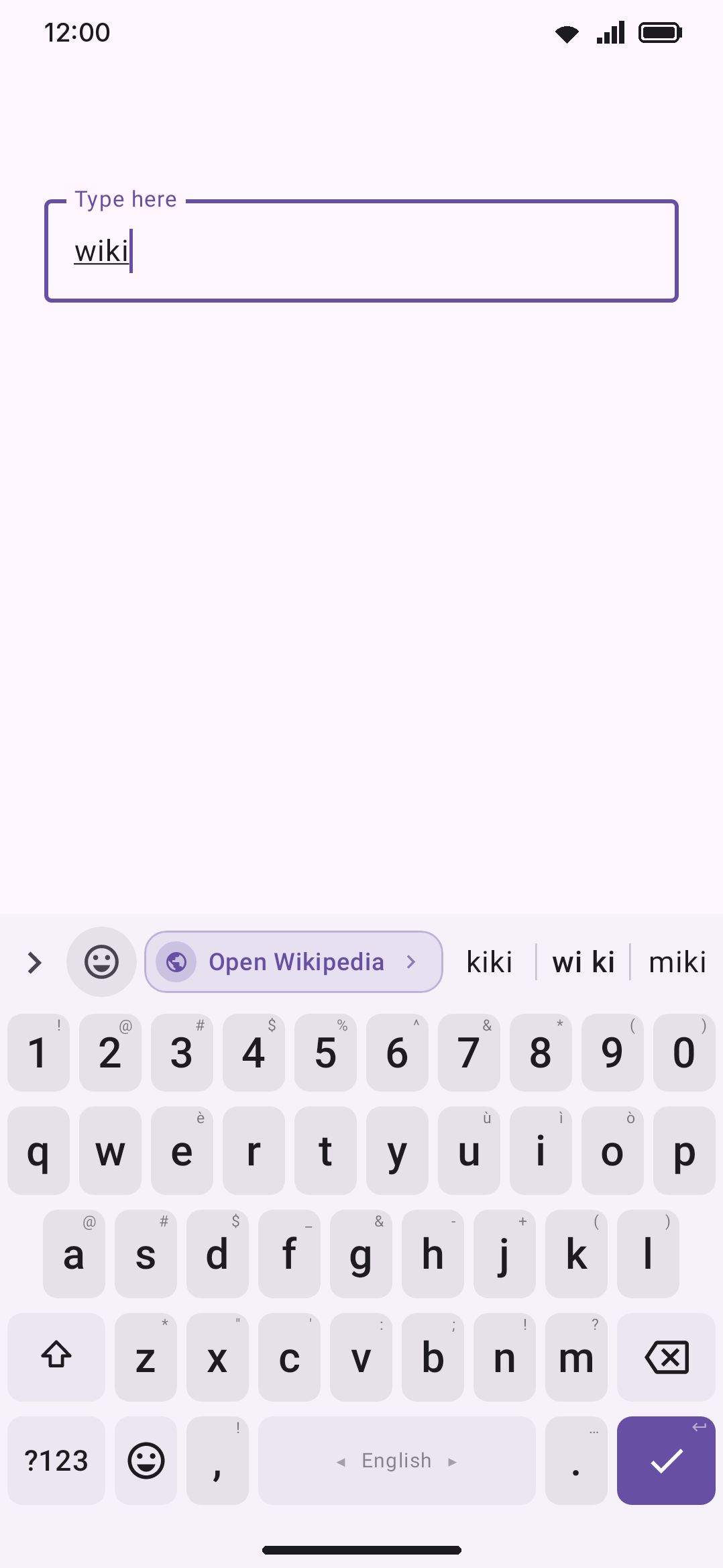 Typing wiki offers a narrow chip to open Wikipedia, leaving room for word candidates.