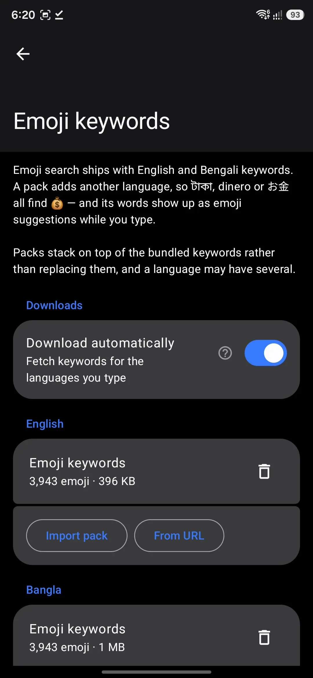 The Emoji keywords screen, with per-language download and delete controls.