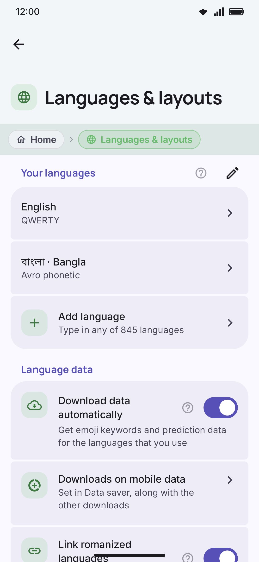 The Languages screen: Your languages, Add language, and (once more than one layout is enabled) Switch order.