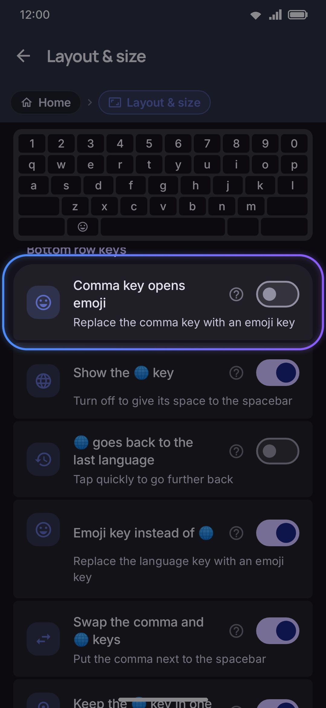 The Bottom-row keys group: Comma key opens emoji and Emoji key instead of the globe key.