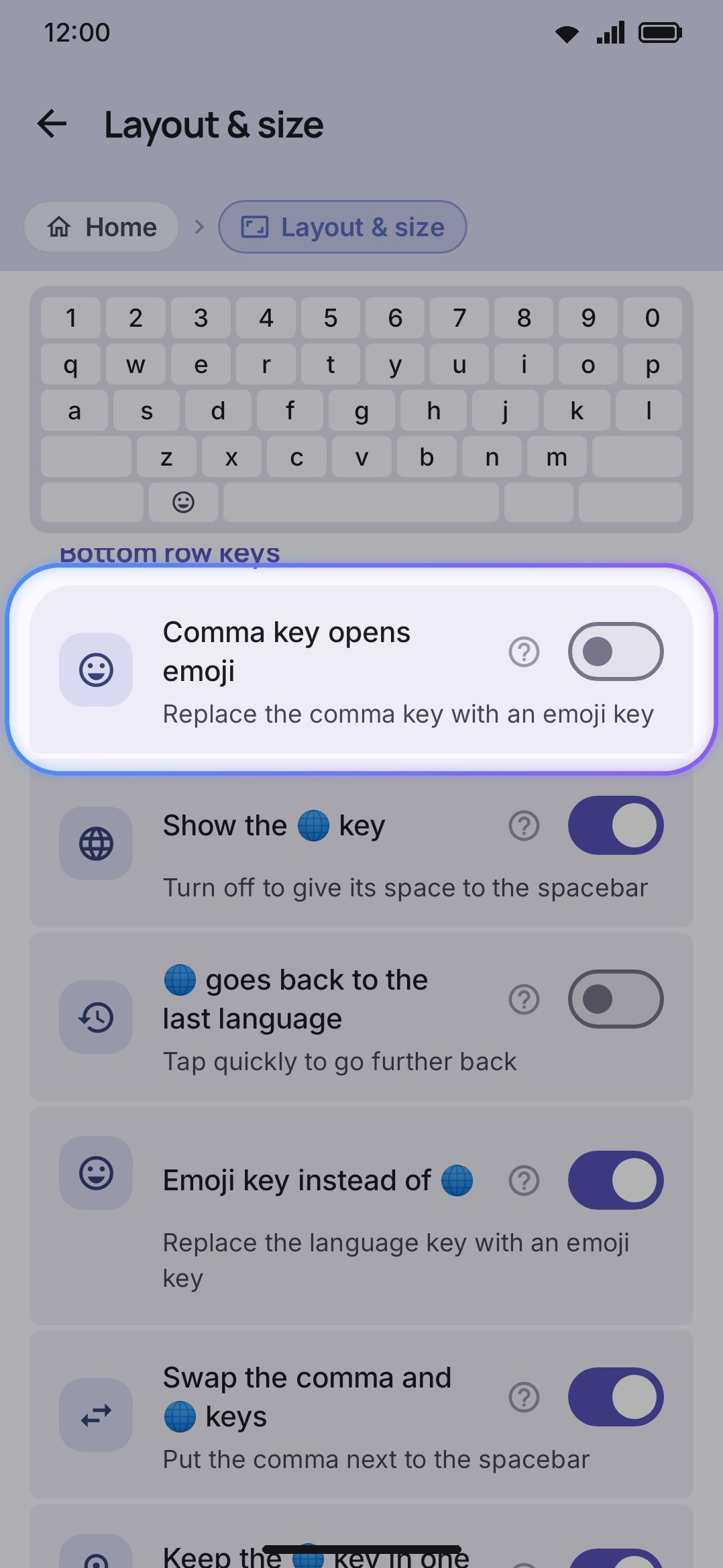 The Bottom-row keys group: Comma key opens emoji and Emoji key instead of the globe key.