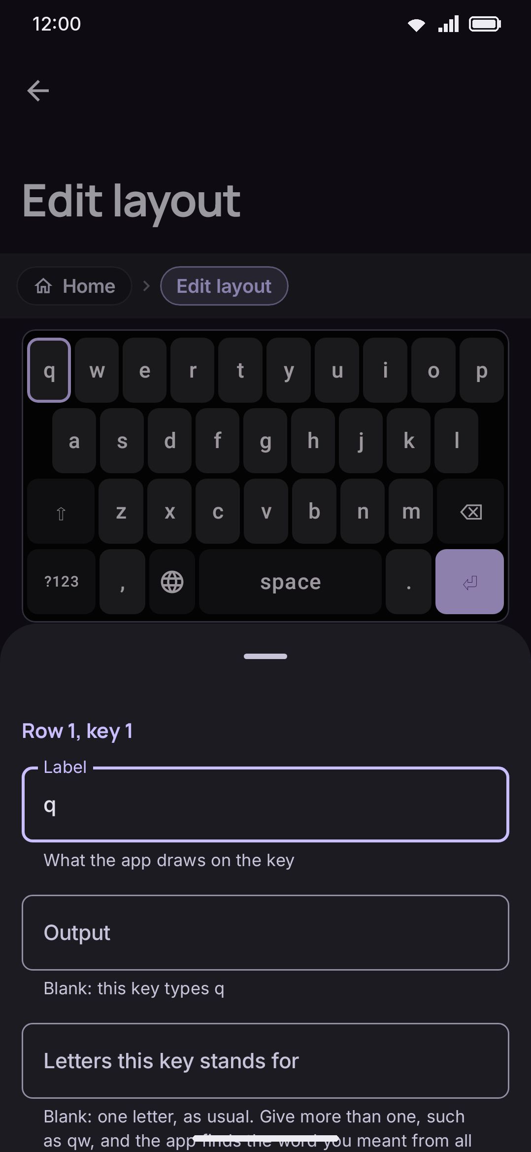 The visual layout editor, showing the Letters layer with a key selected.