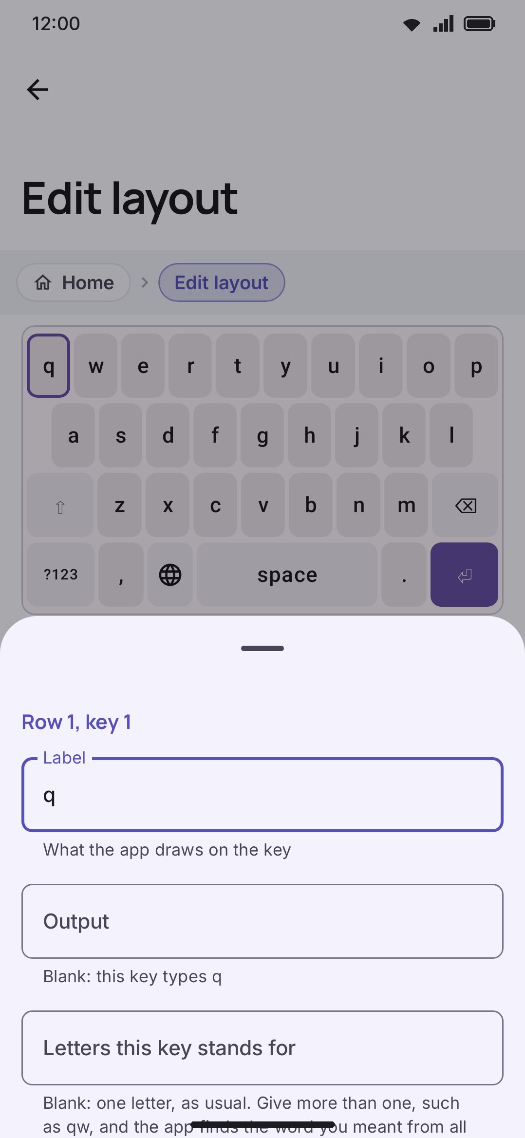 The visual layout editor, showing the Letters layer with a key selected.