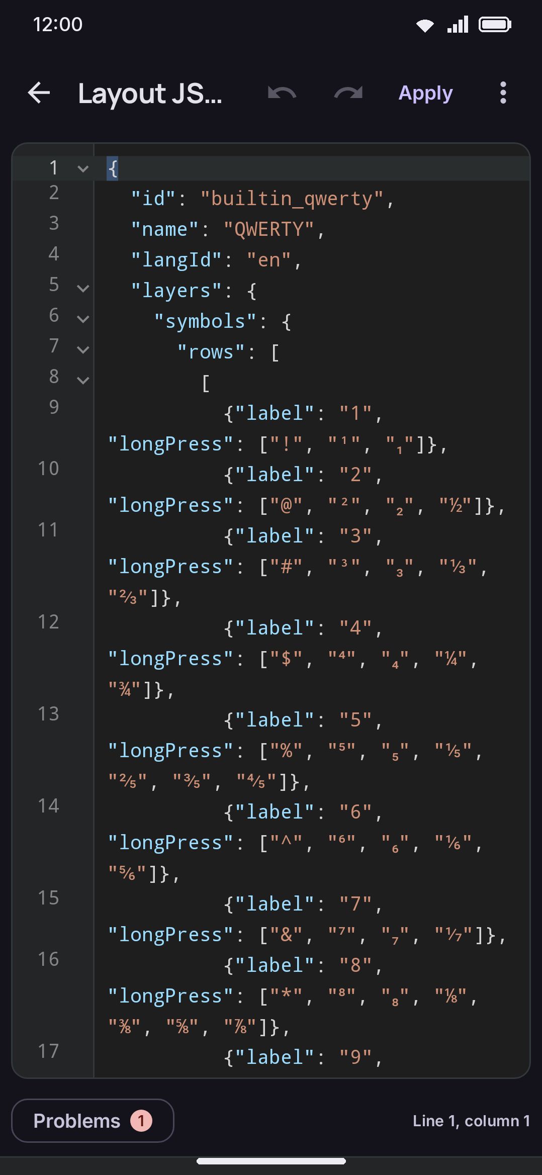 The raw JSON editor, with syntax highlighting and an Apply button.