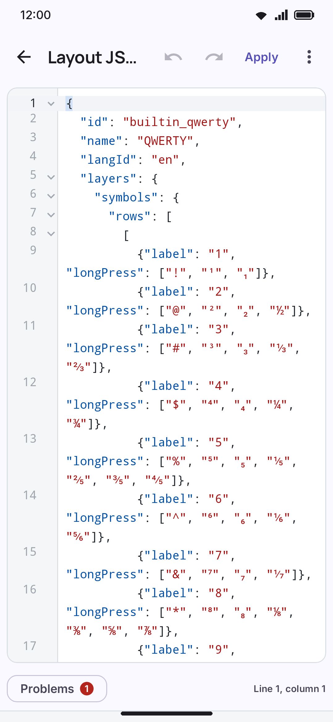 The raw JSON editor, with syntax highlighting and an Apply button.