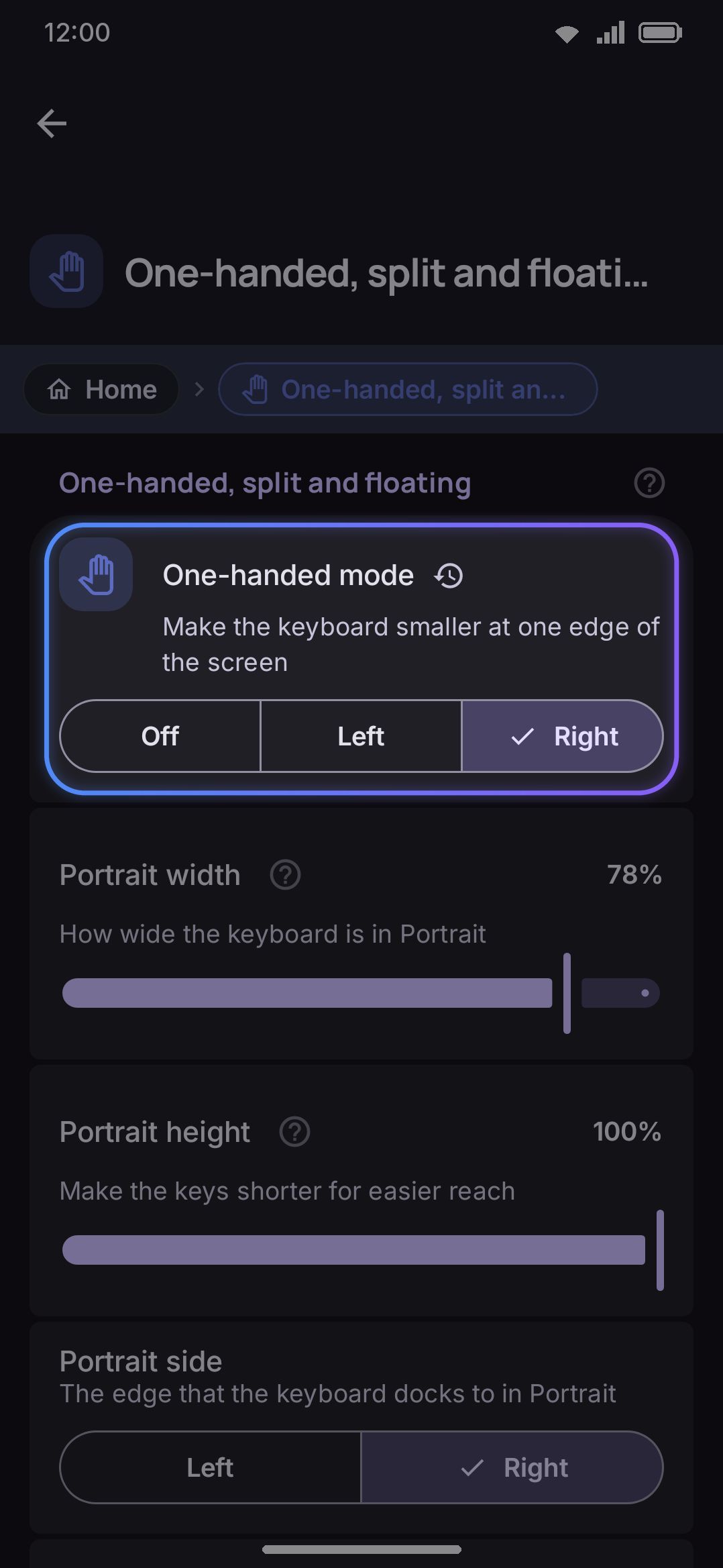 One-handed mode set to Right, with the Portrait width, height, and side sliders below it.