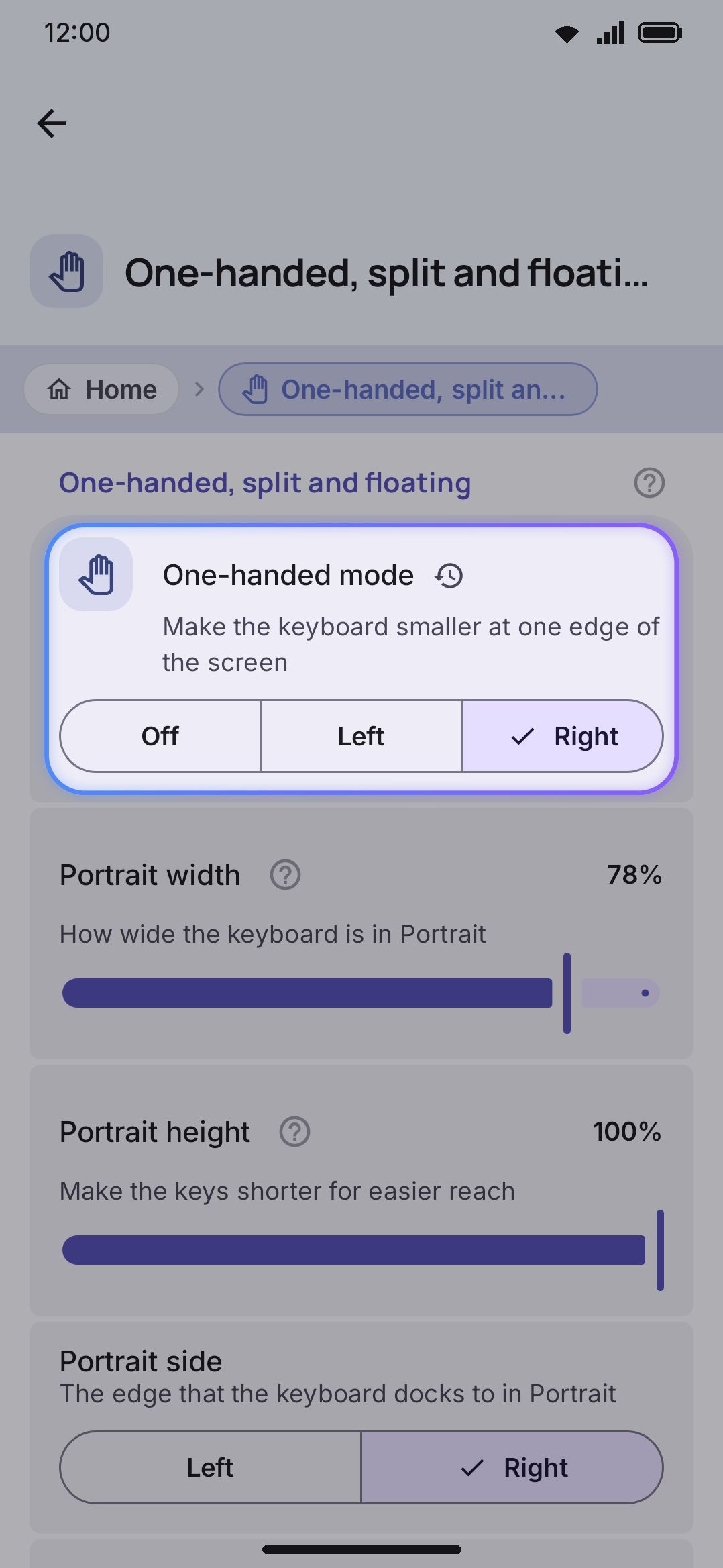 One-handed mode set to Right, with the Portrait width, height, and side sliders below it.