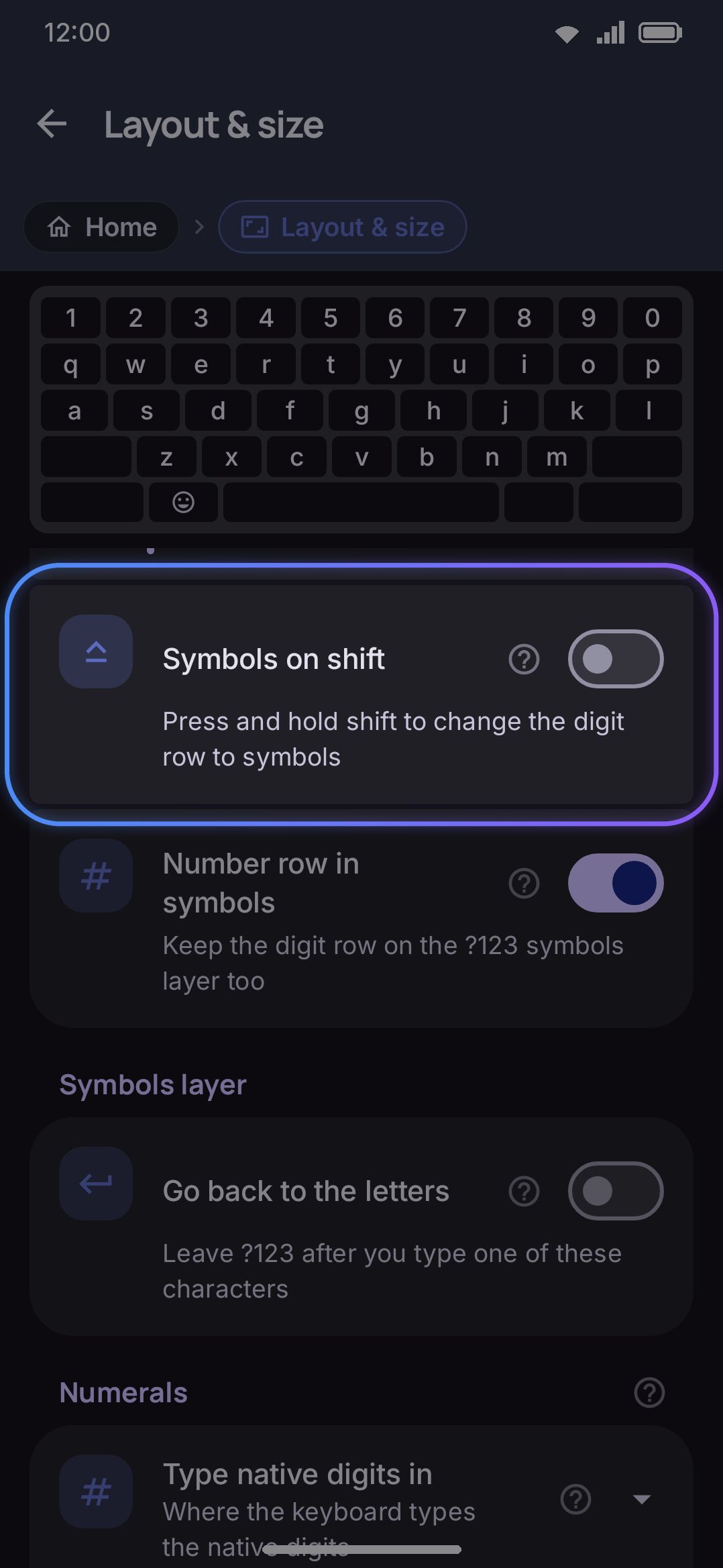 The Layout & size screen, opening on the Number row and Numerals groups.