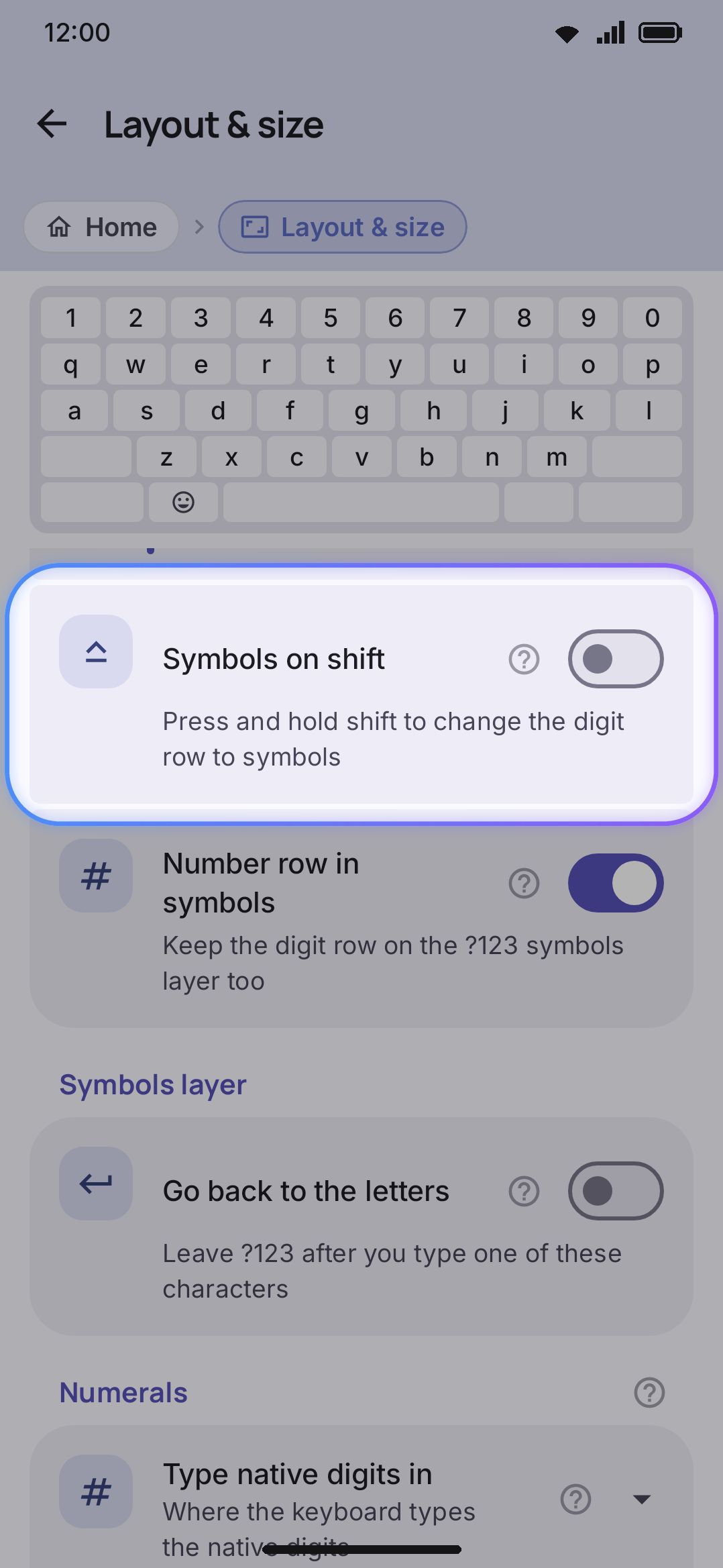 The Layout & size screen, opening on the Number row and Numerals groups.