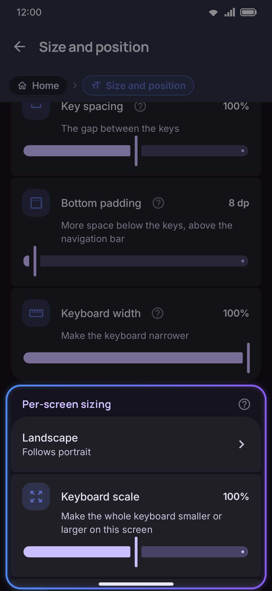 Per-screen sizing: Landscape expanded, showing the Keyboard scale slider.