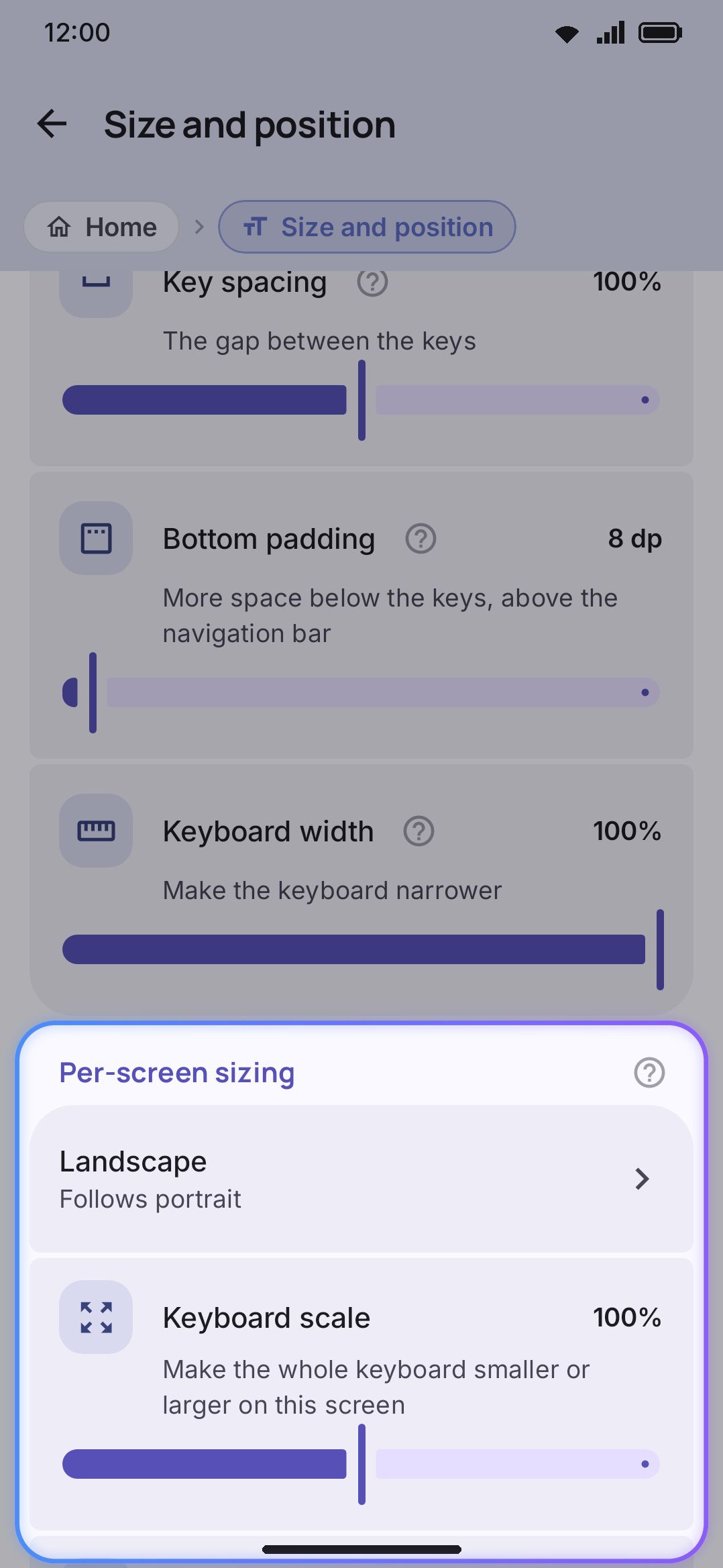 Per-screen sizing: Landscape expanded, showing the Keyboard scale slider.