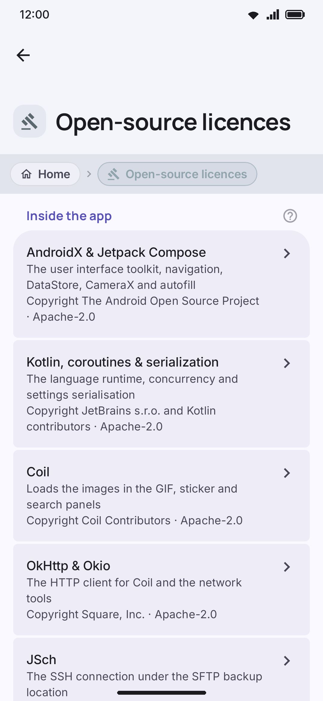 The open-source licences list, grouped by bundled components, downloadable data packs, and online services.