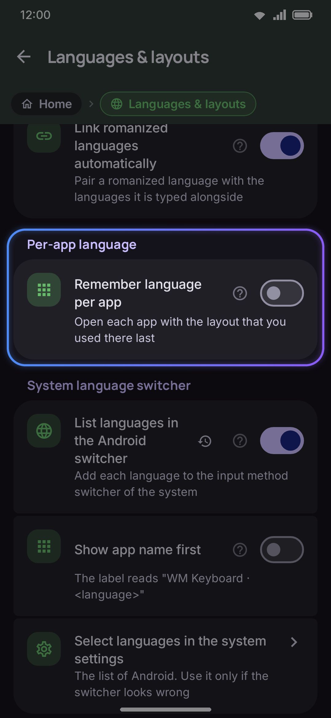 Further down the Languages screen: per-app language memory and the Android system switcher toggle.