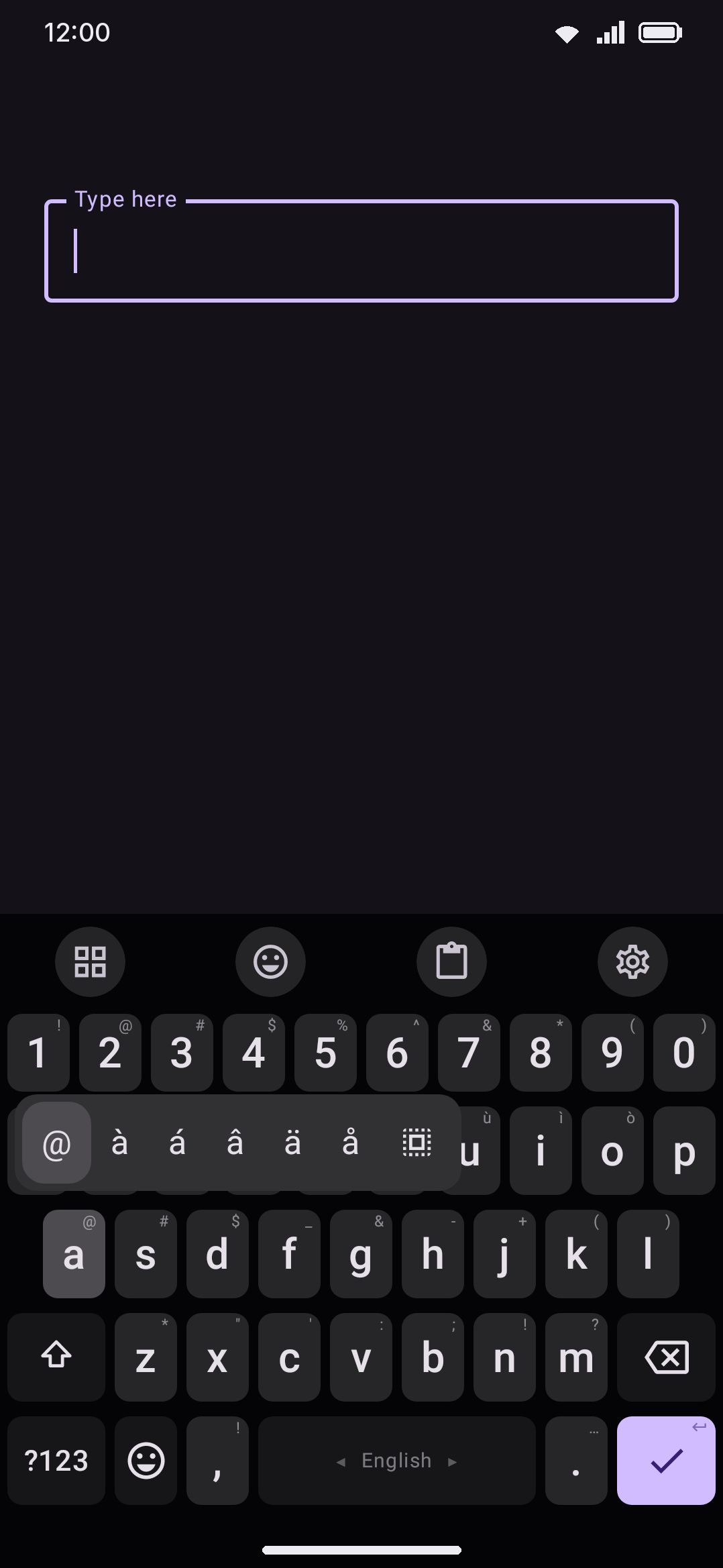 Long-pressing a key with alternates pops up the accented and symbol variants.