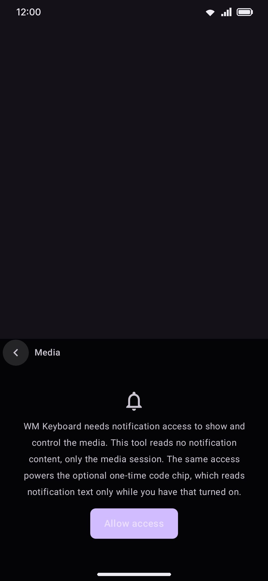 The access prompt shown before notification-listener access is granted.