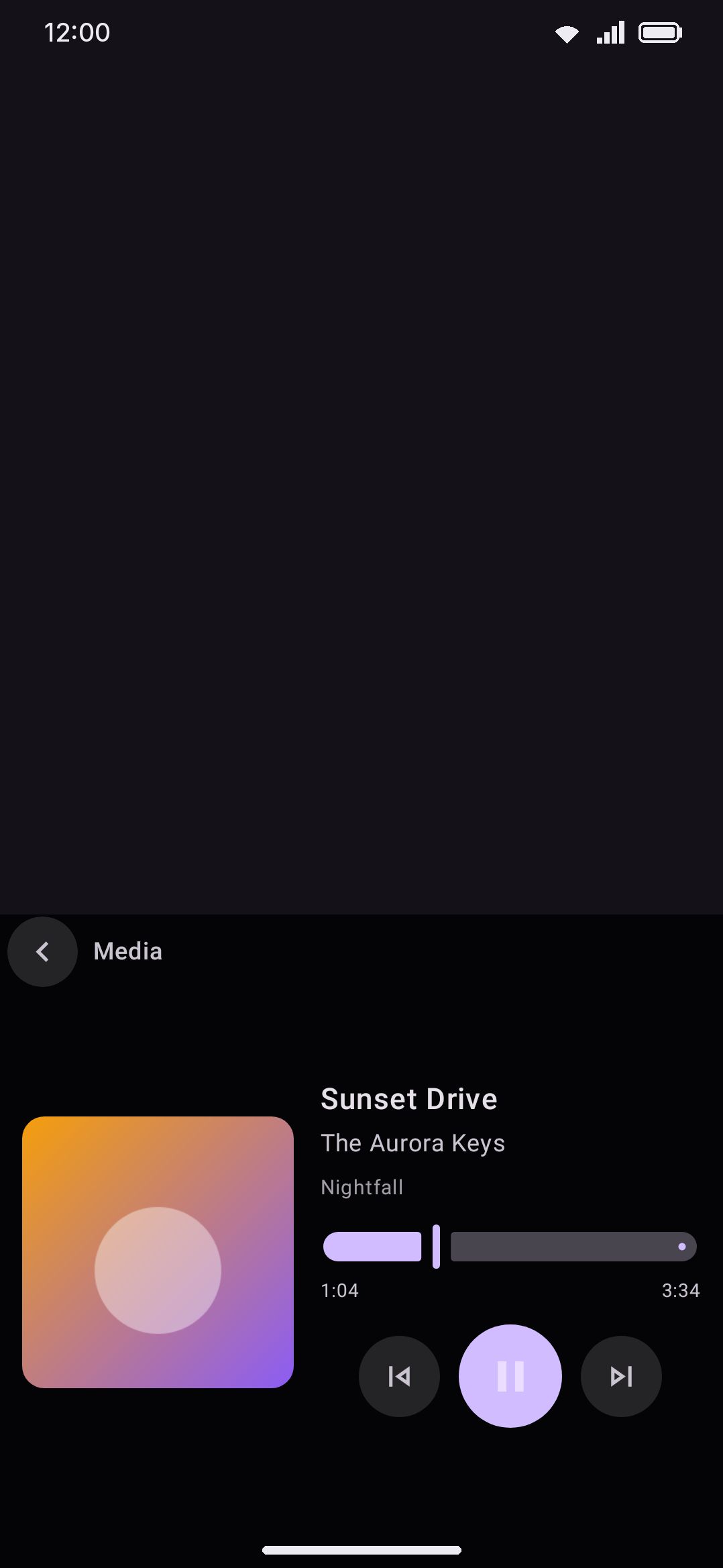 Media controls showing album art, track info, a seek bar, and the play/pause/skip transport.
