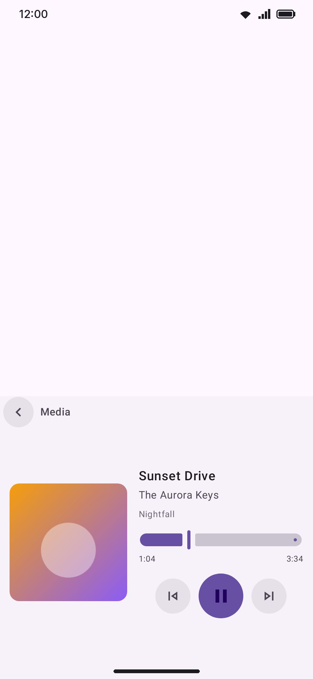 Media controls showing album art, track info, a seek bar, and the play/pause/skip transport.