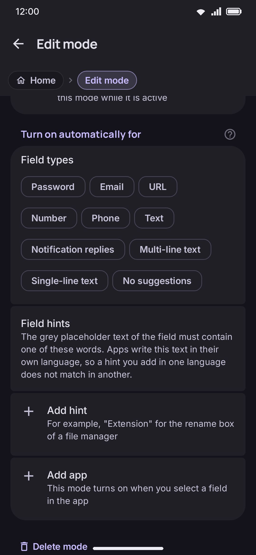 Field-type chips and the bound app list at the bottom of the mode editor.