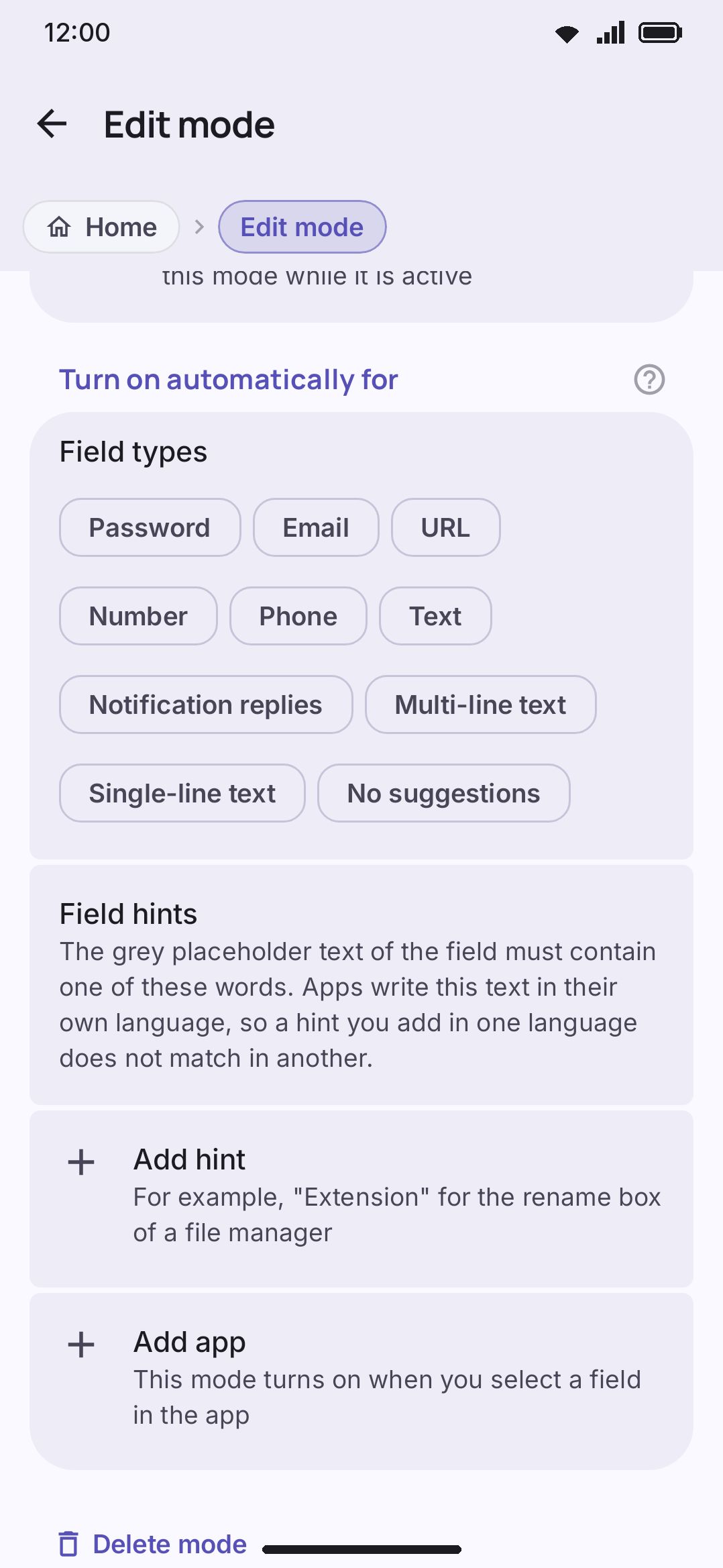 Field-type chips and the bound app list at the bottom of the mode editor.
