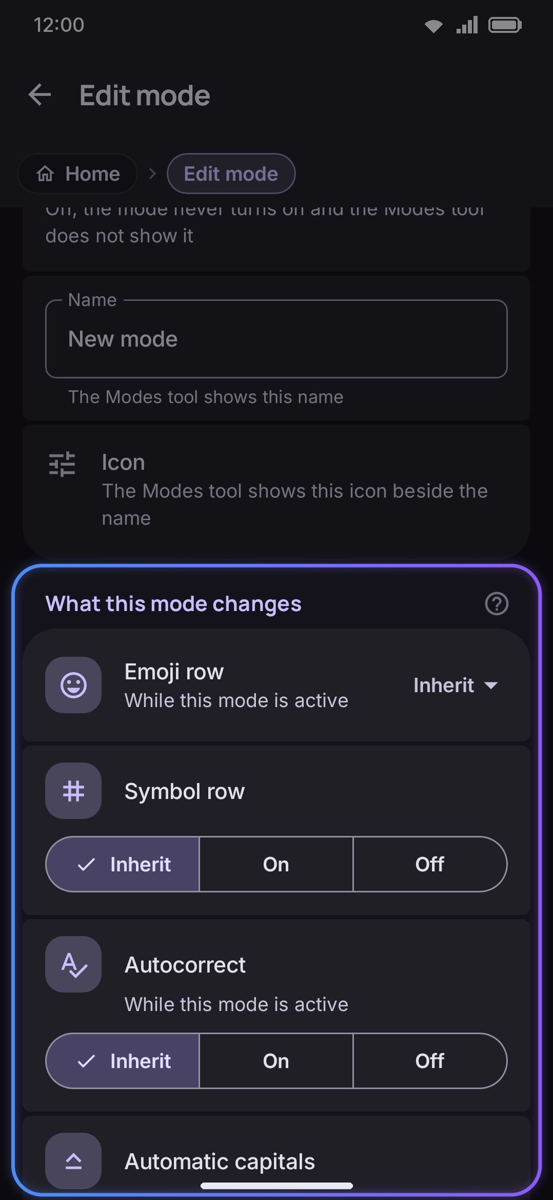 Edit mode: name, icon, and the What this mode changes group.