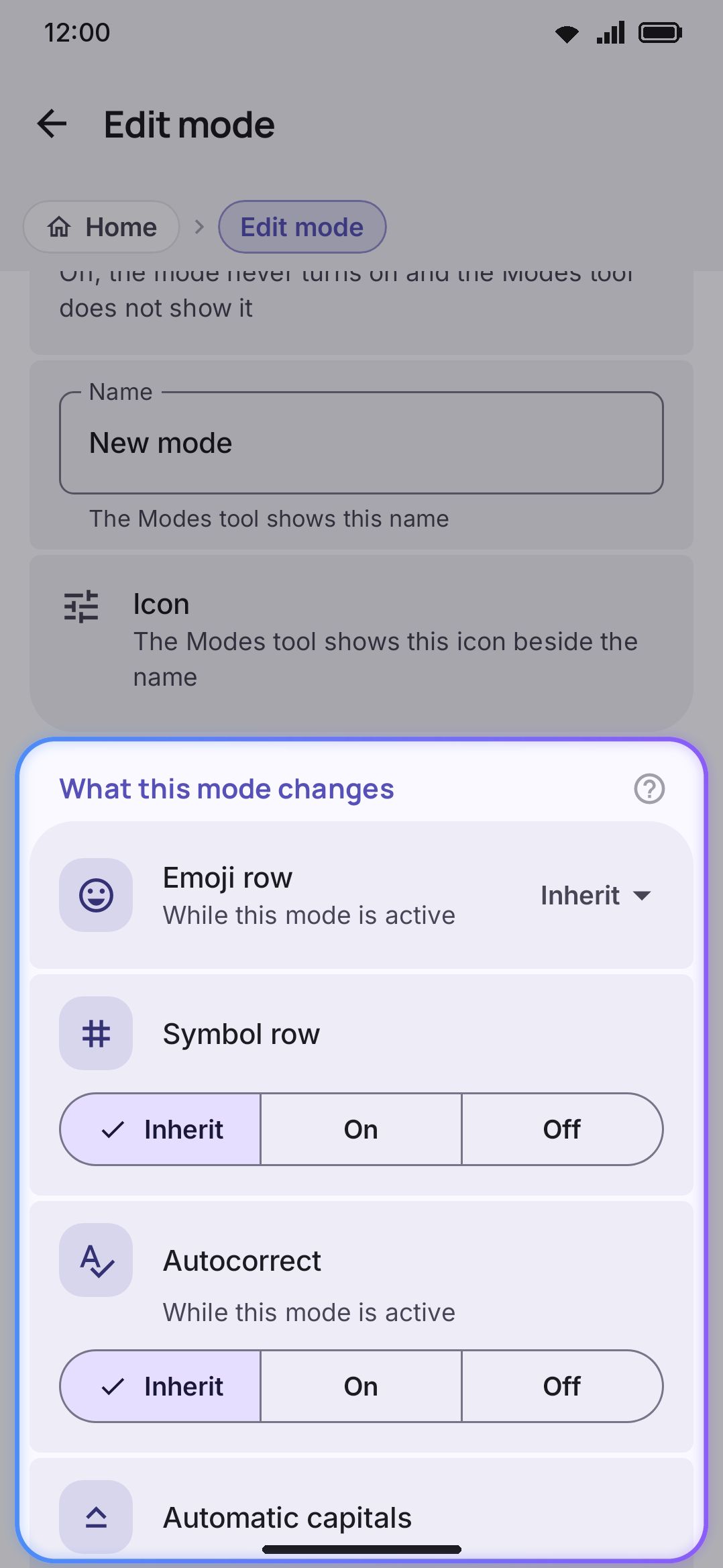 Edit mode: name, icon, and the What this mode changes group.