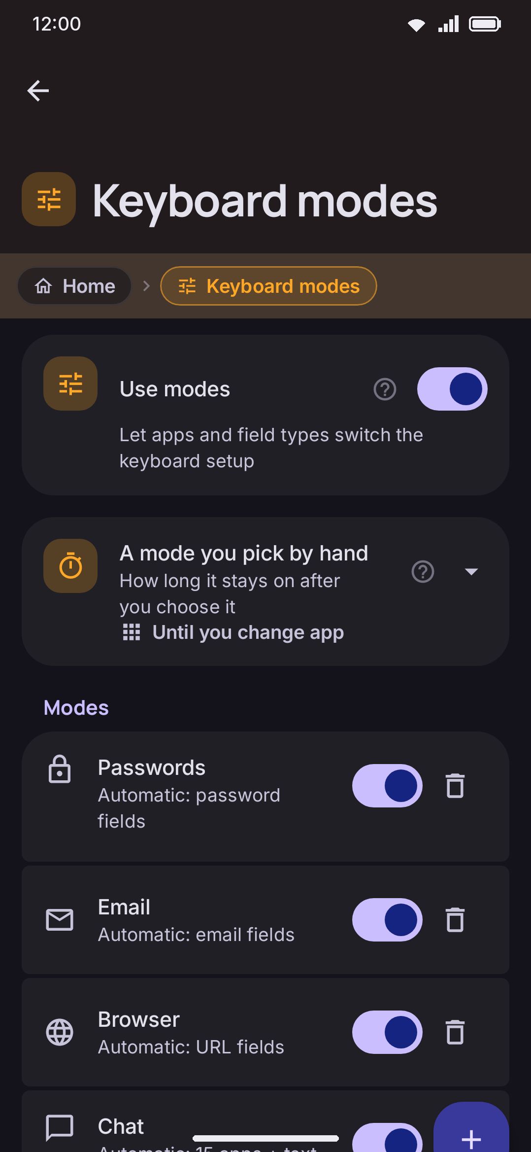 Keyboard modes: the six default modes, each with its auto-activation summary, plus New mode.