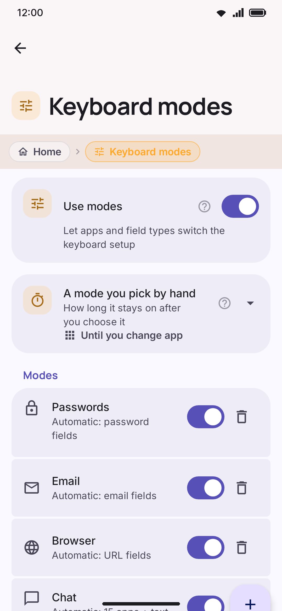 Keyboard modes: the six default modes, each with its auto-activation summary, plus New mode.