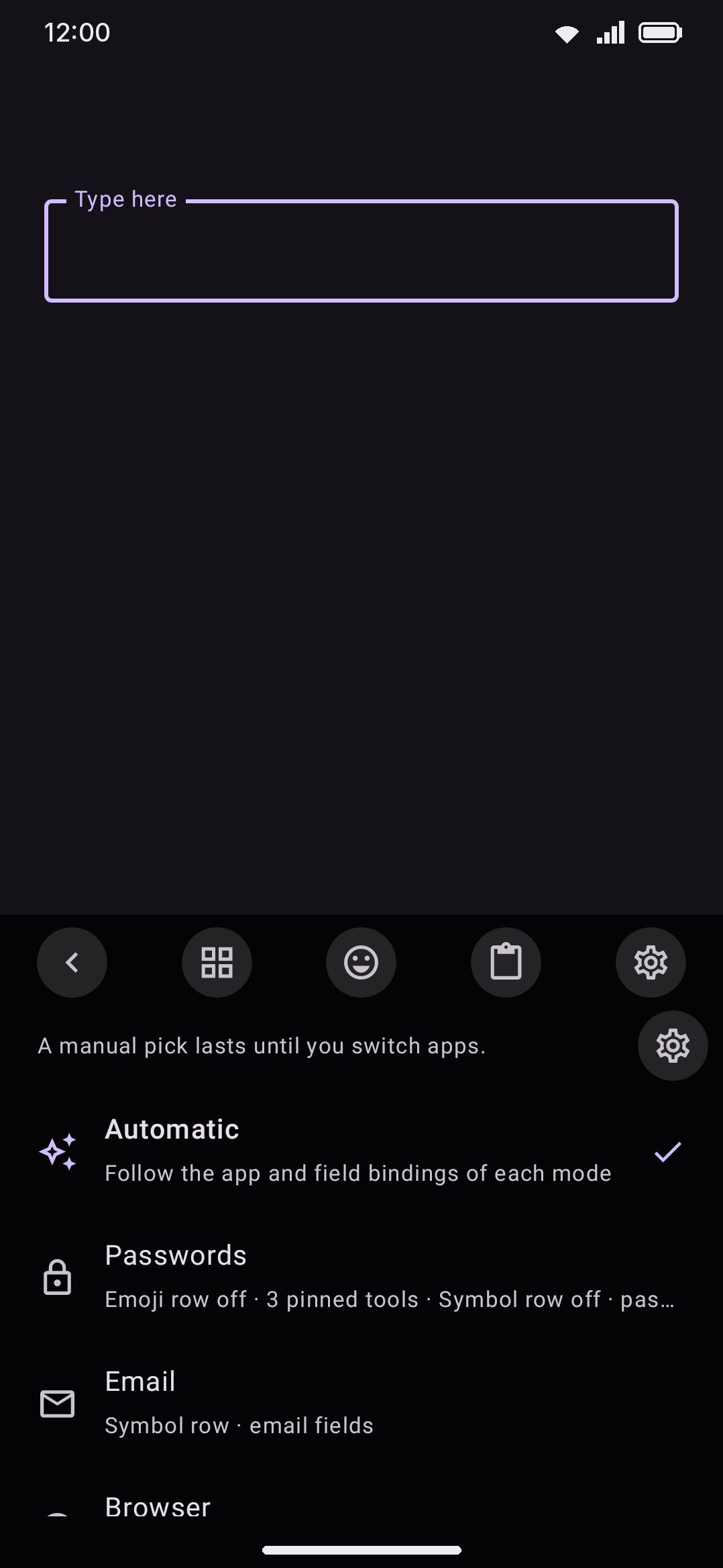 The Modes tool: Automatic at the top, then one row per mode with its auto-activation summary.
