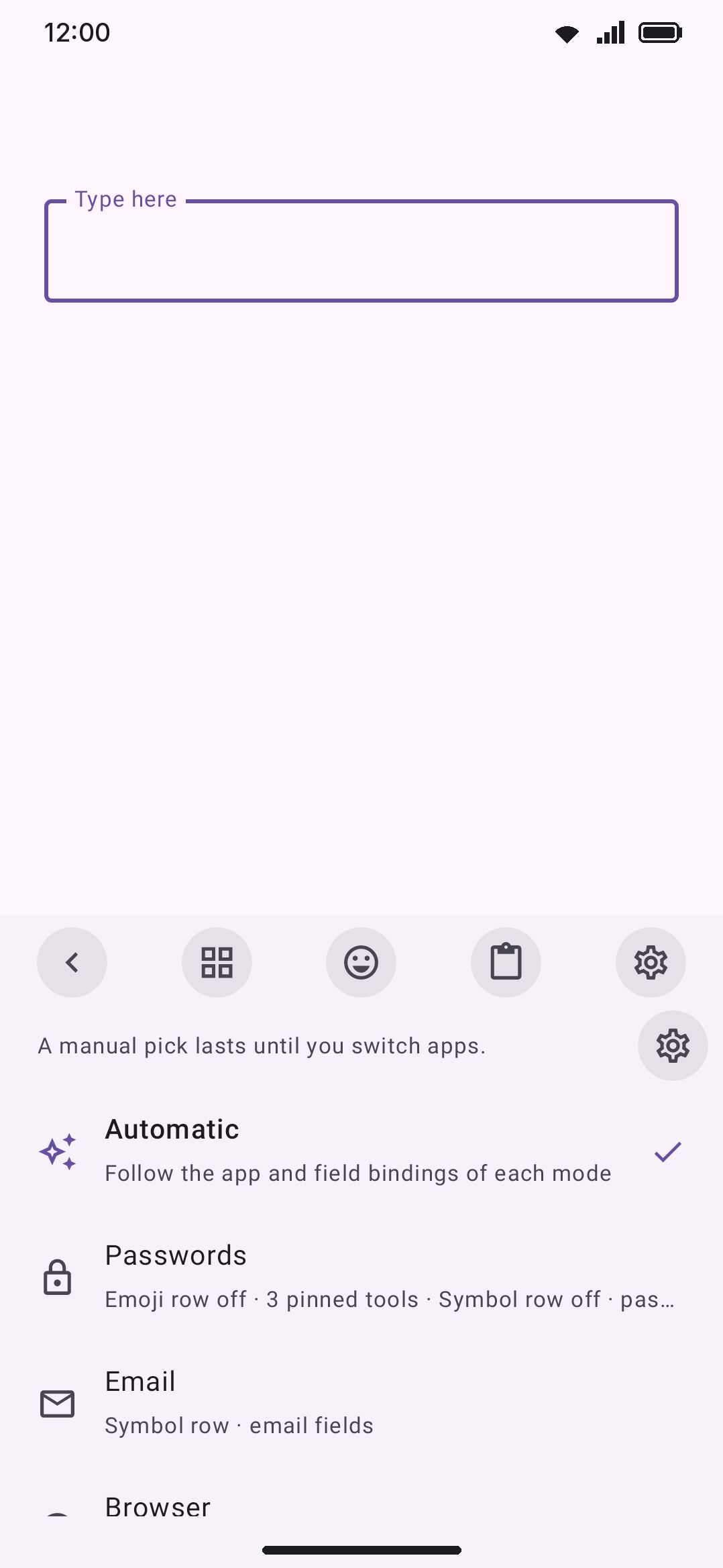 The Modes tool: Automatic at the top, then one row per mode with its auto-activation summary.