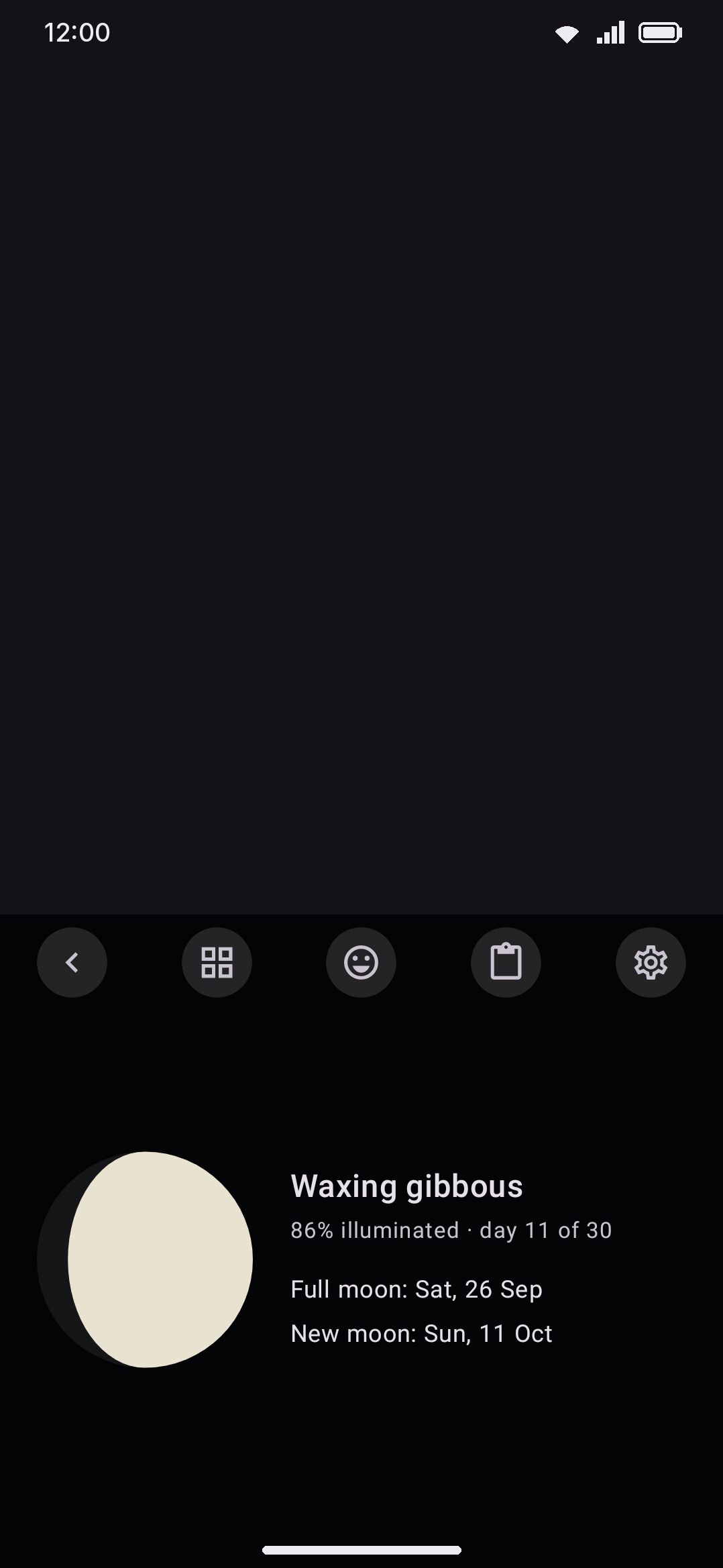 Moon phase: the current lit fraction, phase name, and next full/new moon dates — computed on-device.