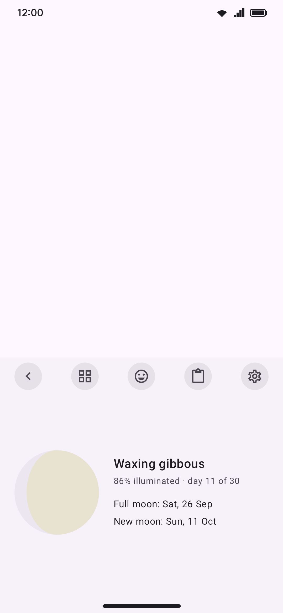 Moon phase: the current lit fraction, phase name, and next full/new moon dates — computed on-device.