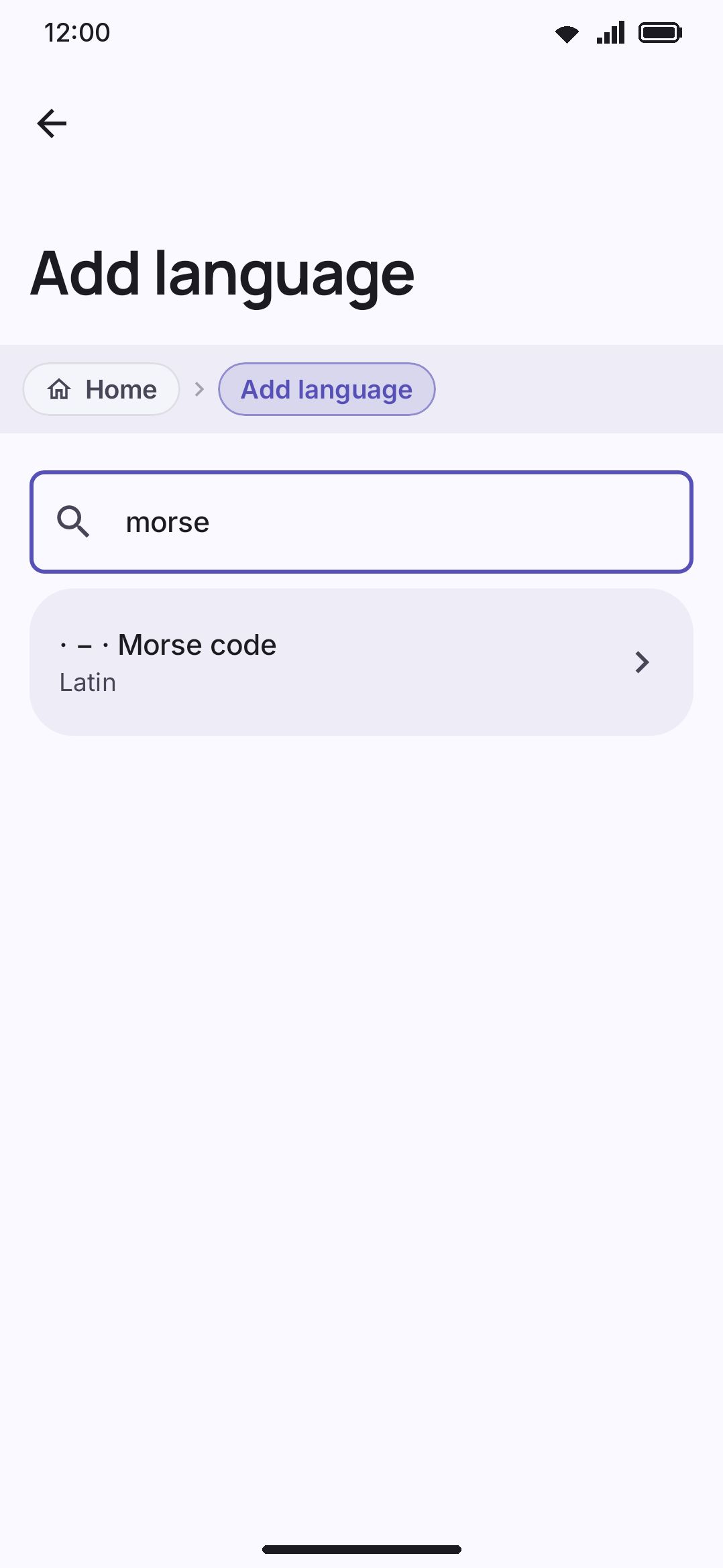 Add language: searching "morse" finds Morse code in the full catalogue.