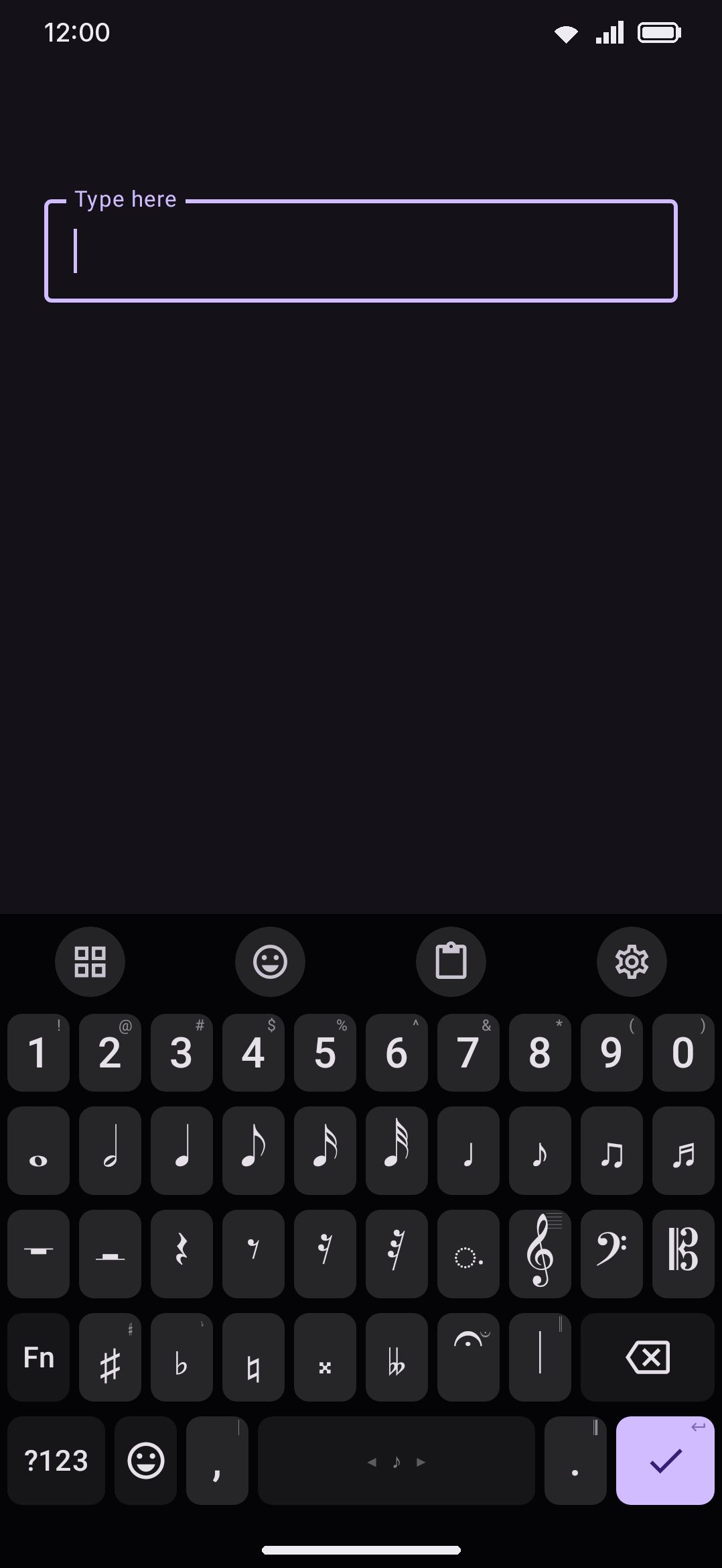 Musical notation active in a text field: note durations, rests, and clefs on the key grid.