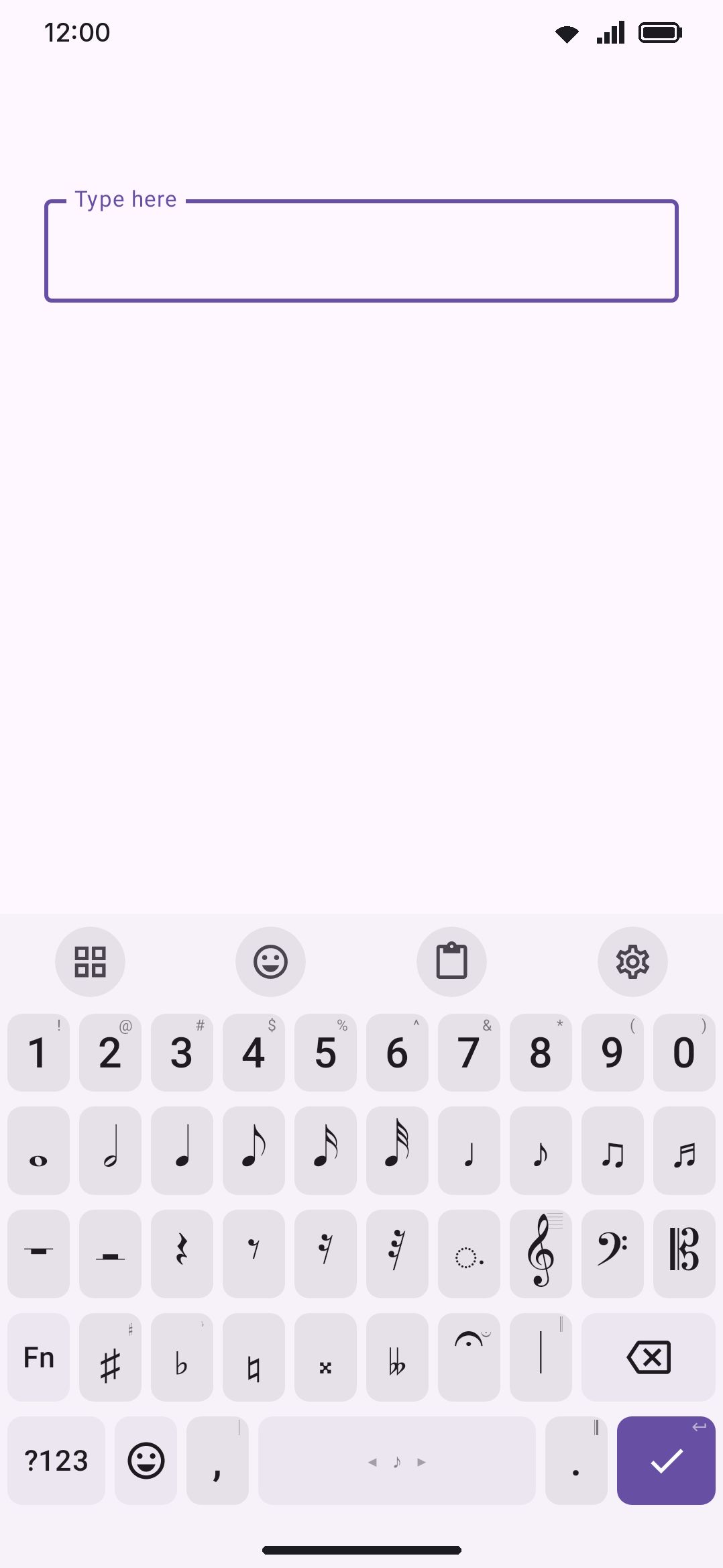 Musical notation active in a text field: note durations, rests, and clefs on the key grid.
