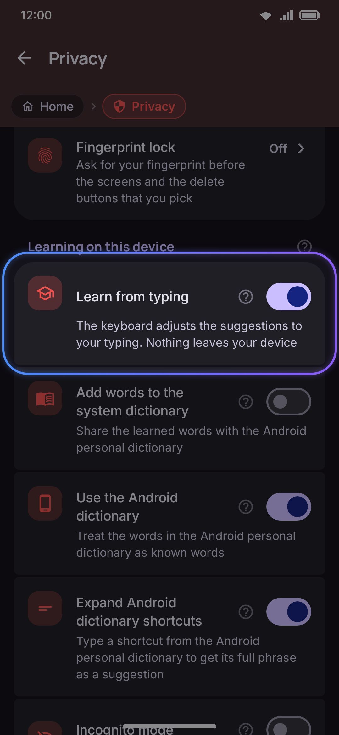 The on-device learning toggles in settings
