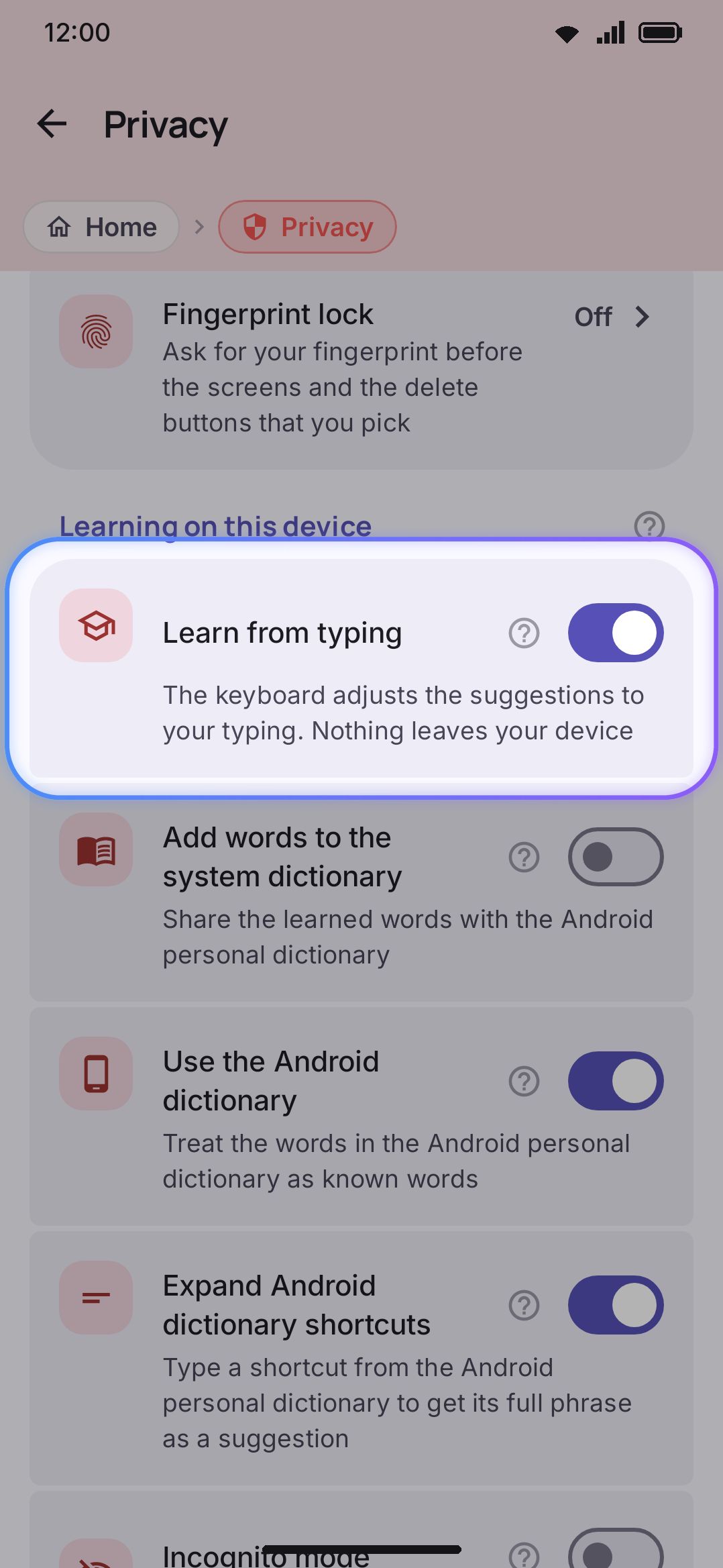 The on-device learning toggles in settings