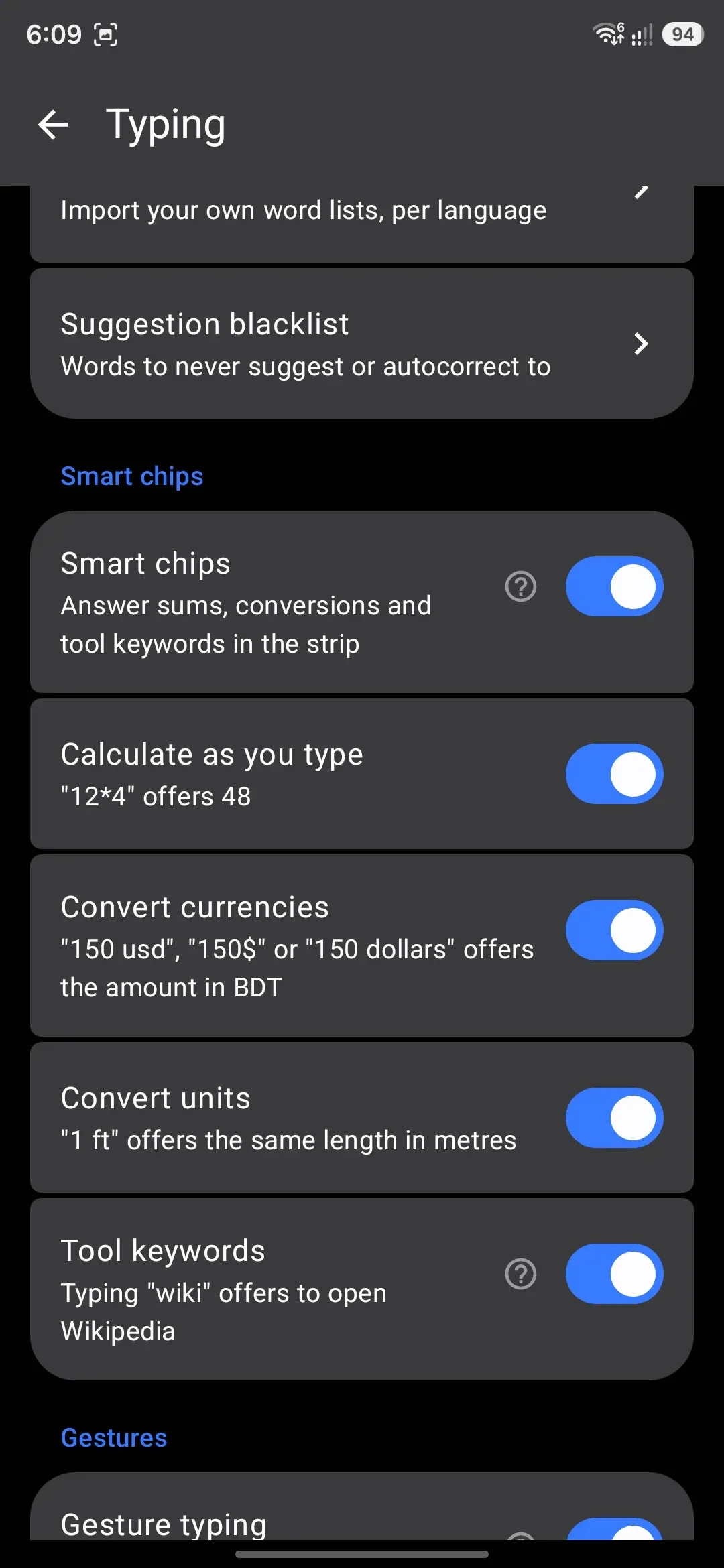 Smart chips settings under Typing: master switch and the four per-family toggles.