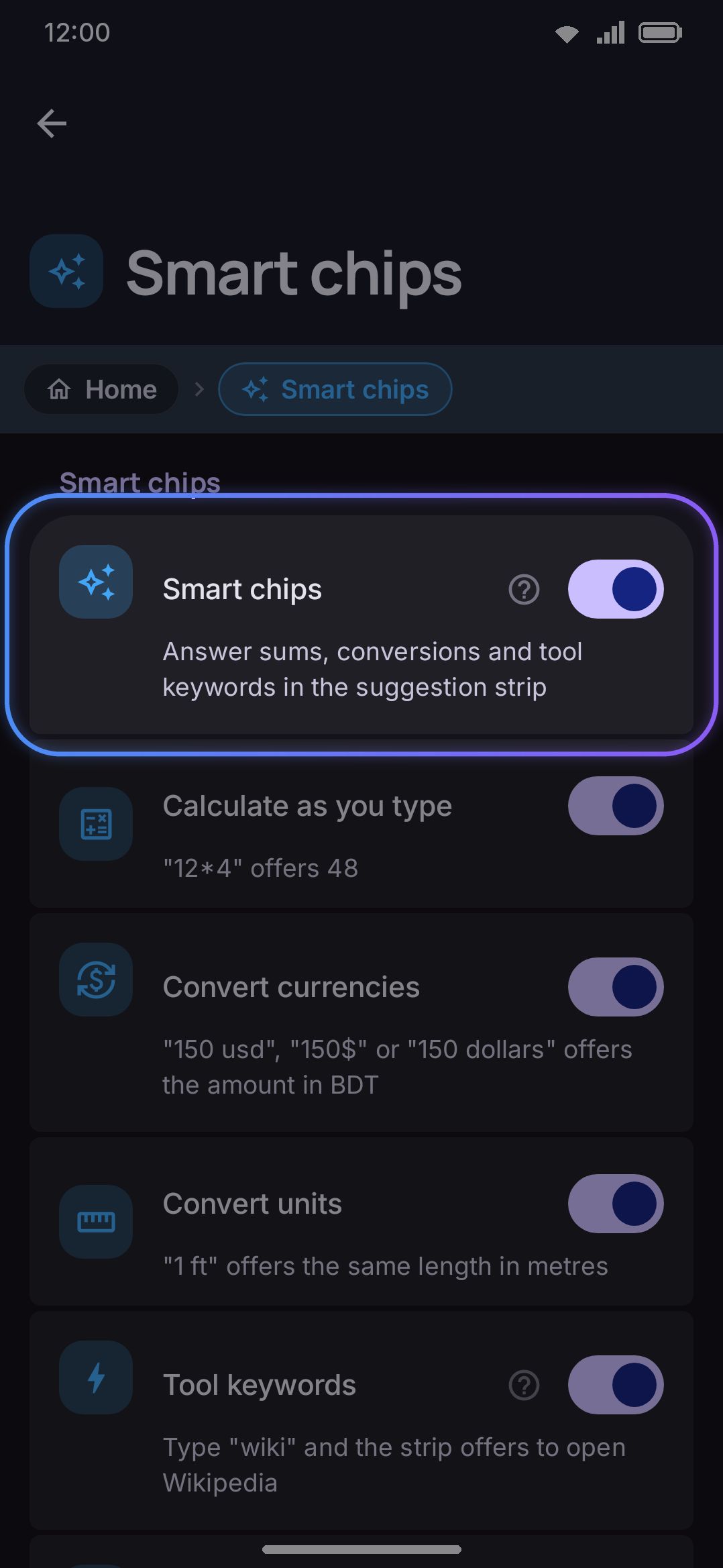 Smart chips settings under Typing: master switch and the four per-family toggles.