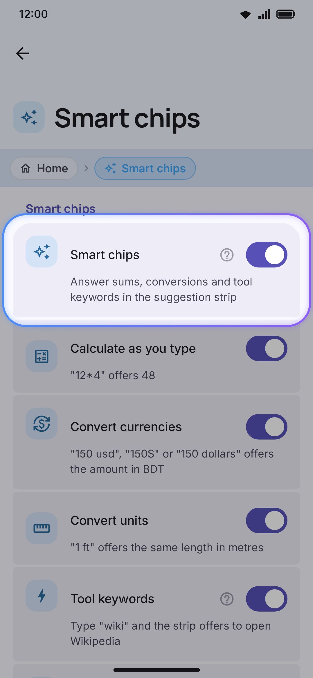 Smart chips settings under Typing: master switch and the four per-family toggles.