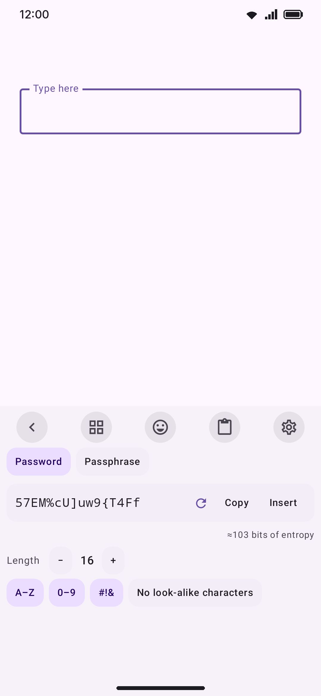 The Password generator panel: generated result, entropy estimate, and the Password/Passphrase tabs.