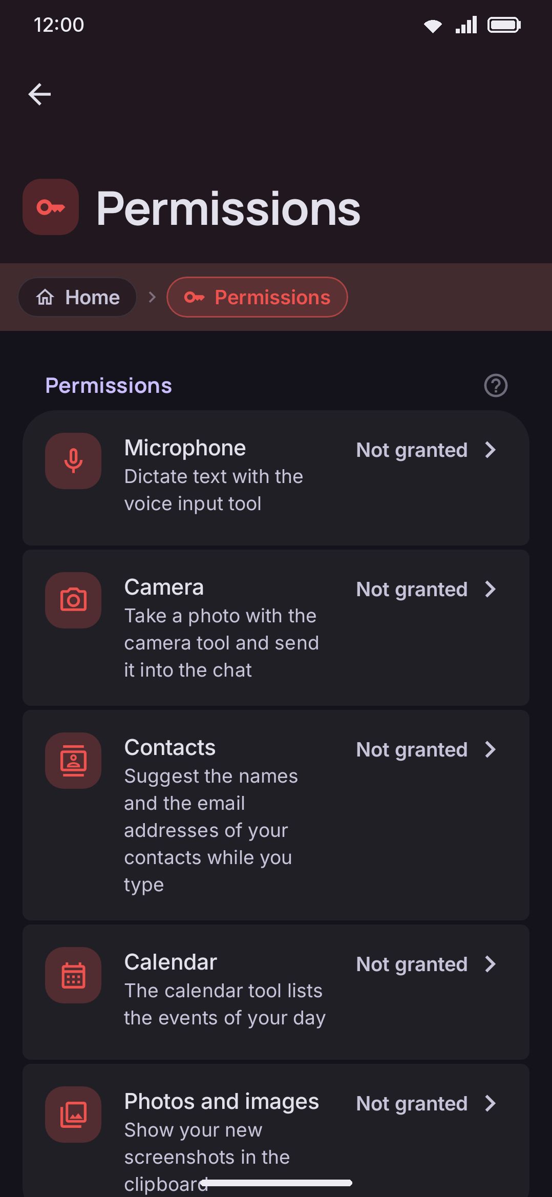 The Permissions screen: runtime permissions, special access, and the ones that come with the install.