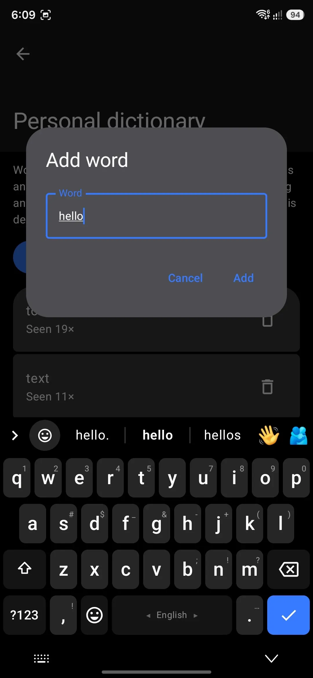 Adding a word by hand from the Add word dialog.