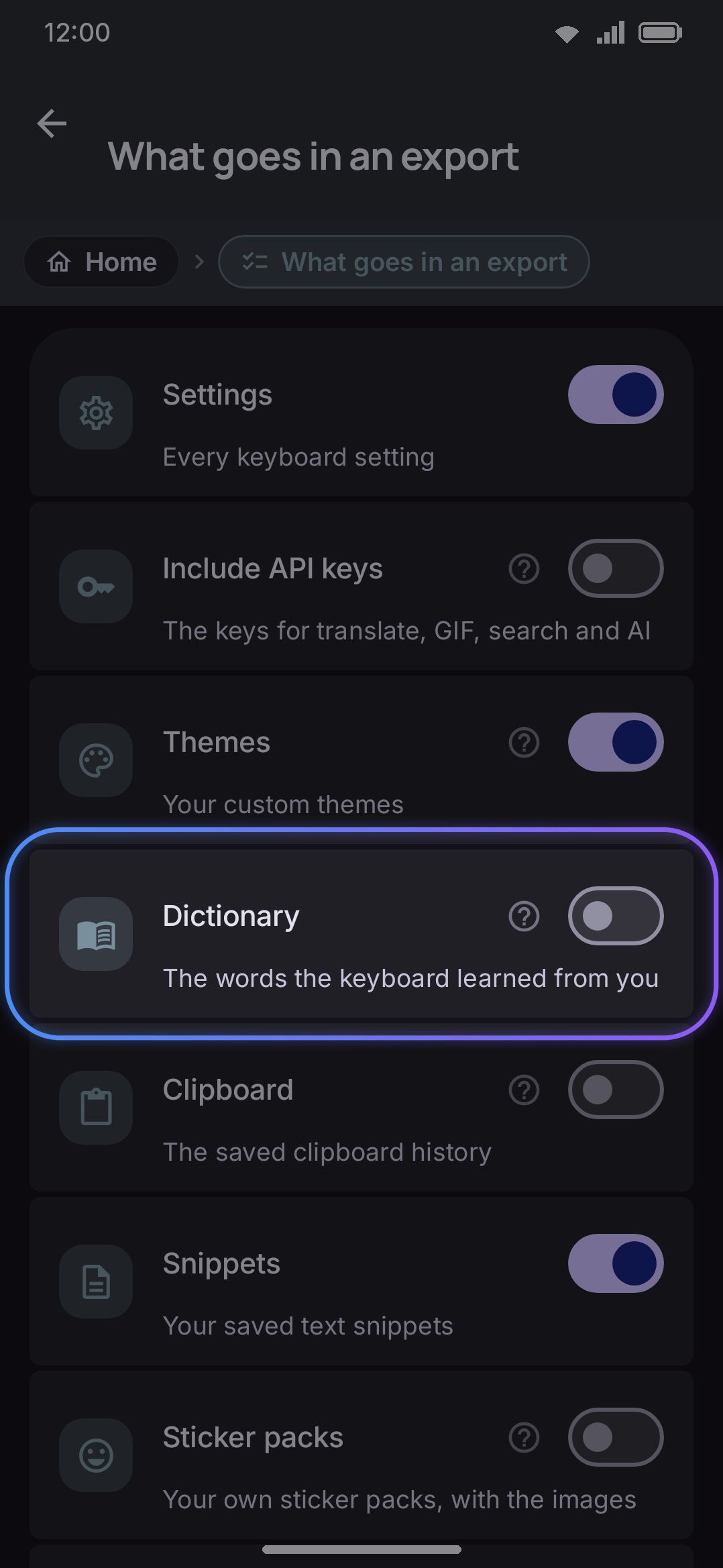 The Dictionary section of a manual export, off by default.