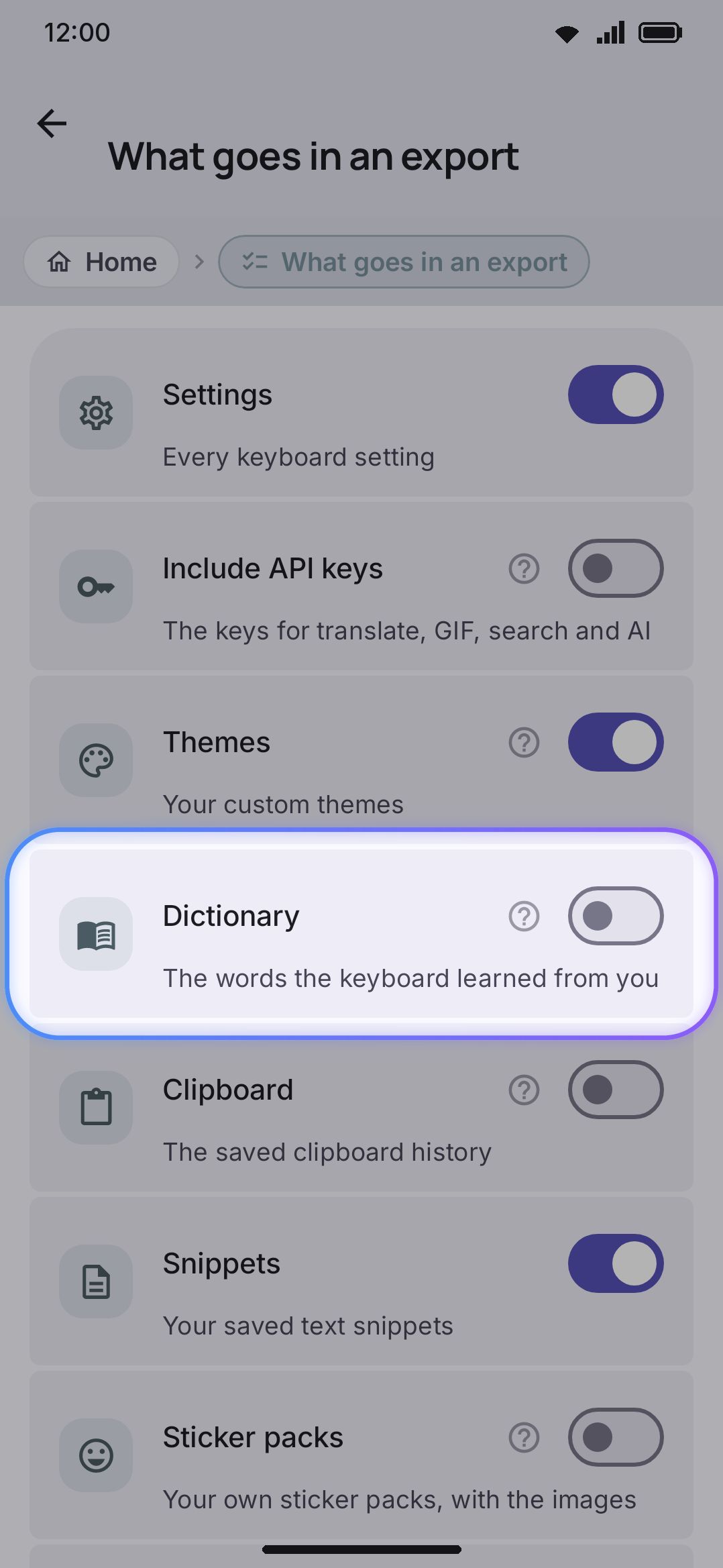 The Dictionary section of a manual export, off by default.
