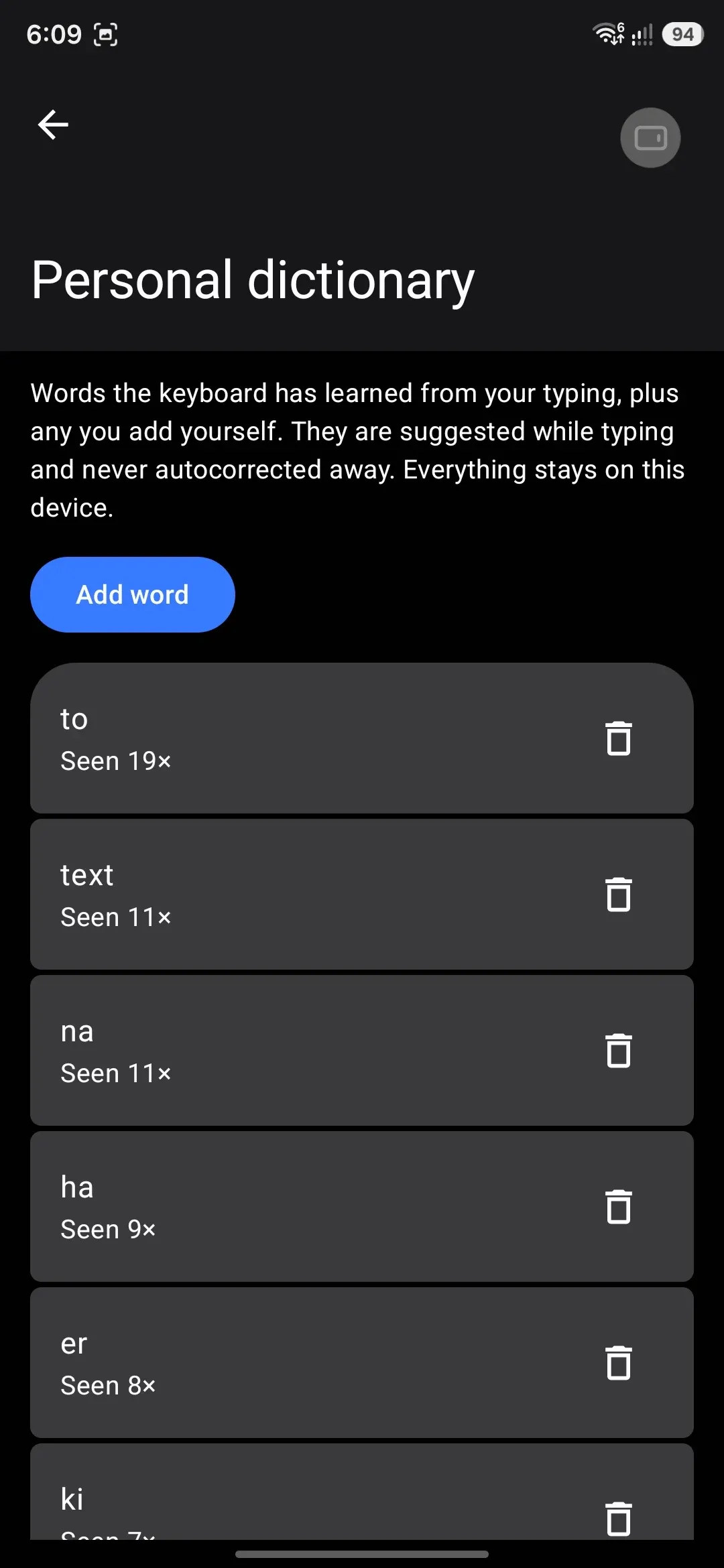 The Personal dictionary screen: learned and manually-added words, most-used first.
