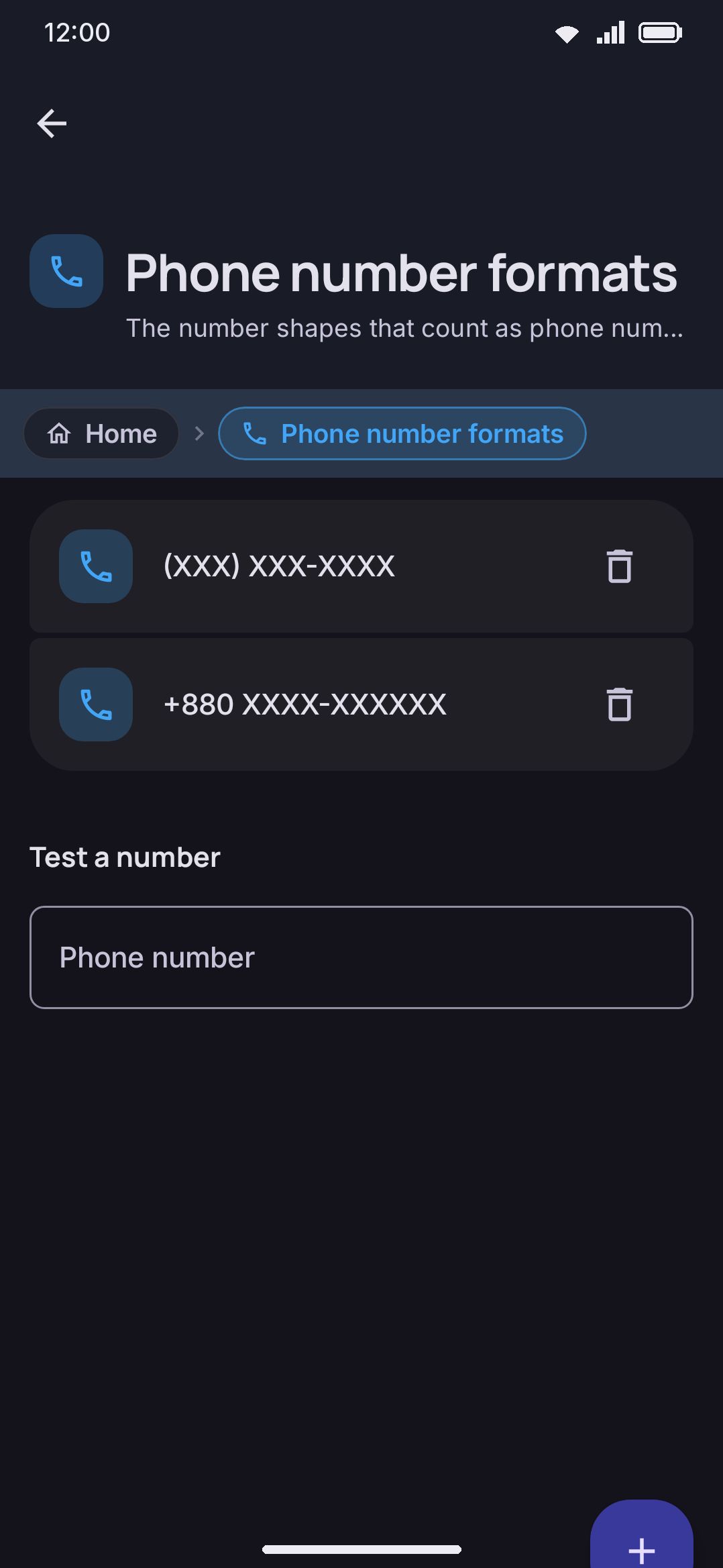 Phone number formats: the explanation, Add a format, the saved masks, and the Test a number field.