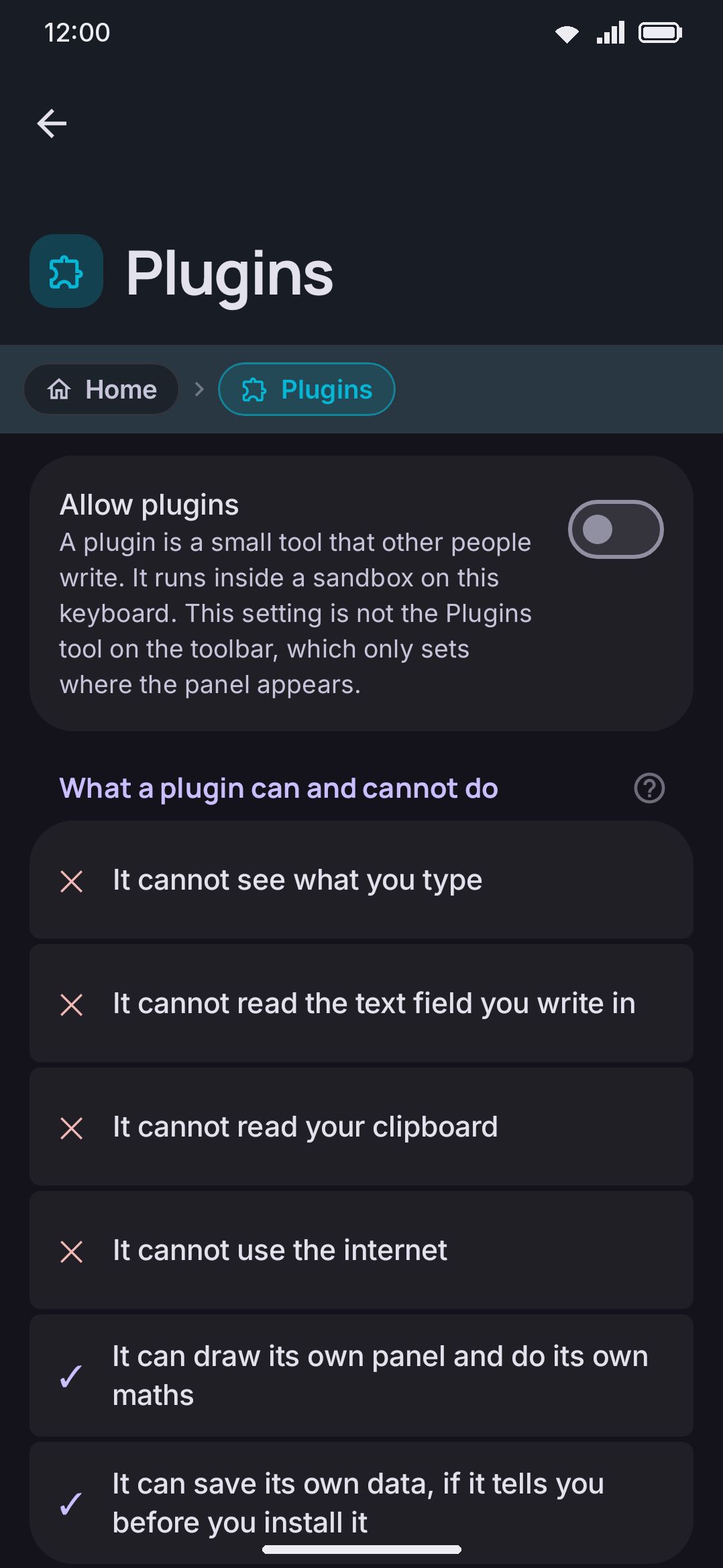 A plugin's own screen: enabled switch, capabilities, stored data, and the log.
