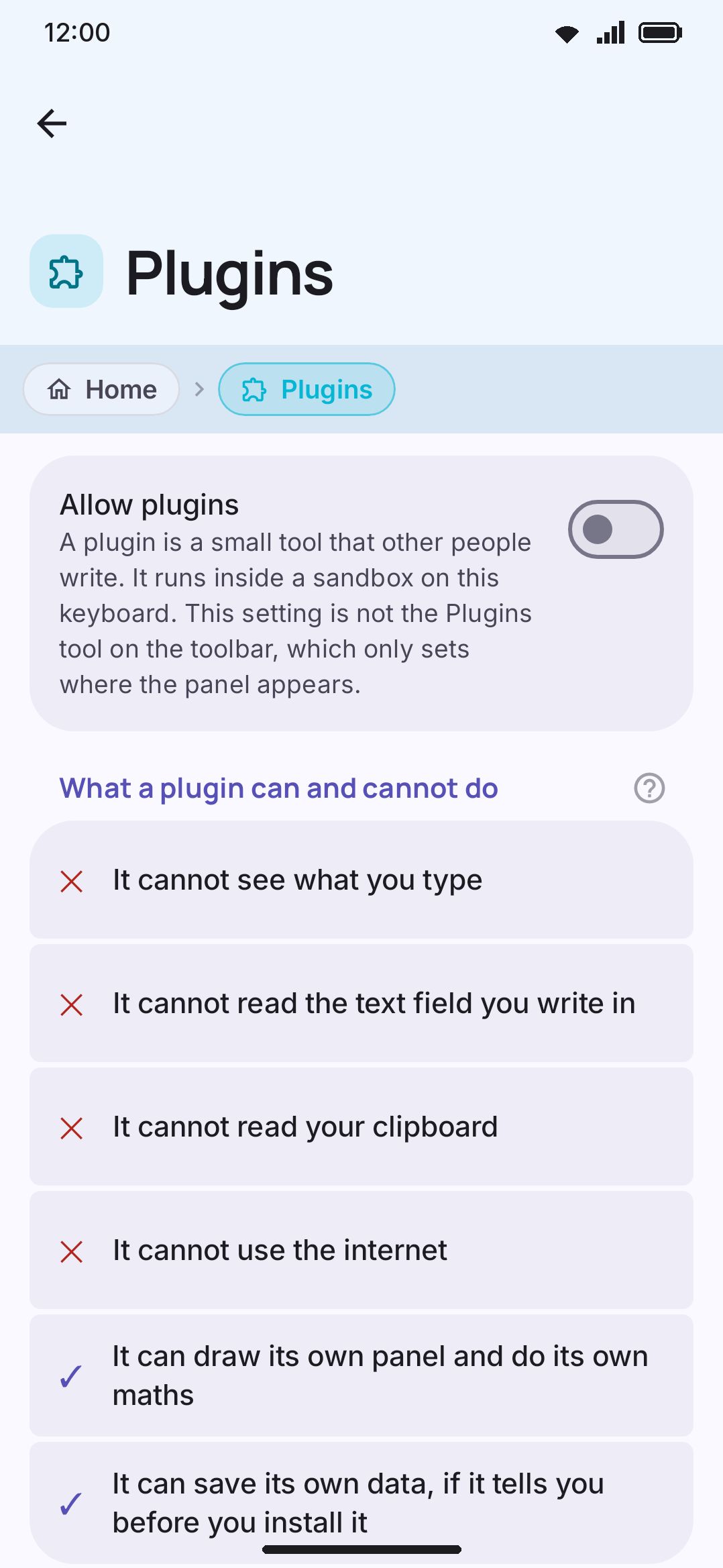 A plugin's own screen: enabled switch, capabilities, stored data, and the log.