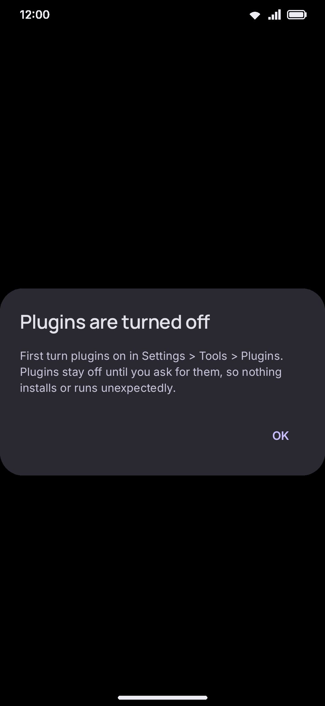 Opening a plugin file while the Plugins subsystem is off — nothing installs or runs.